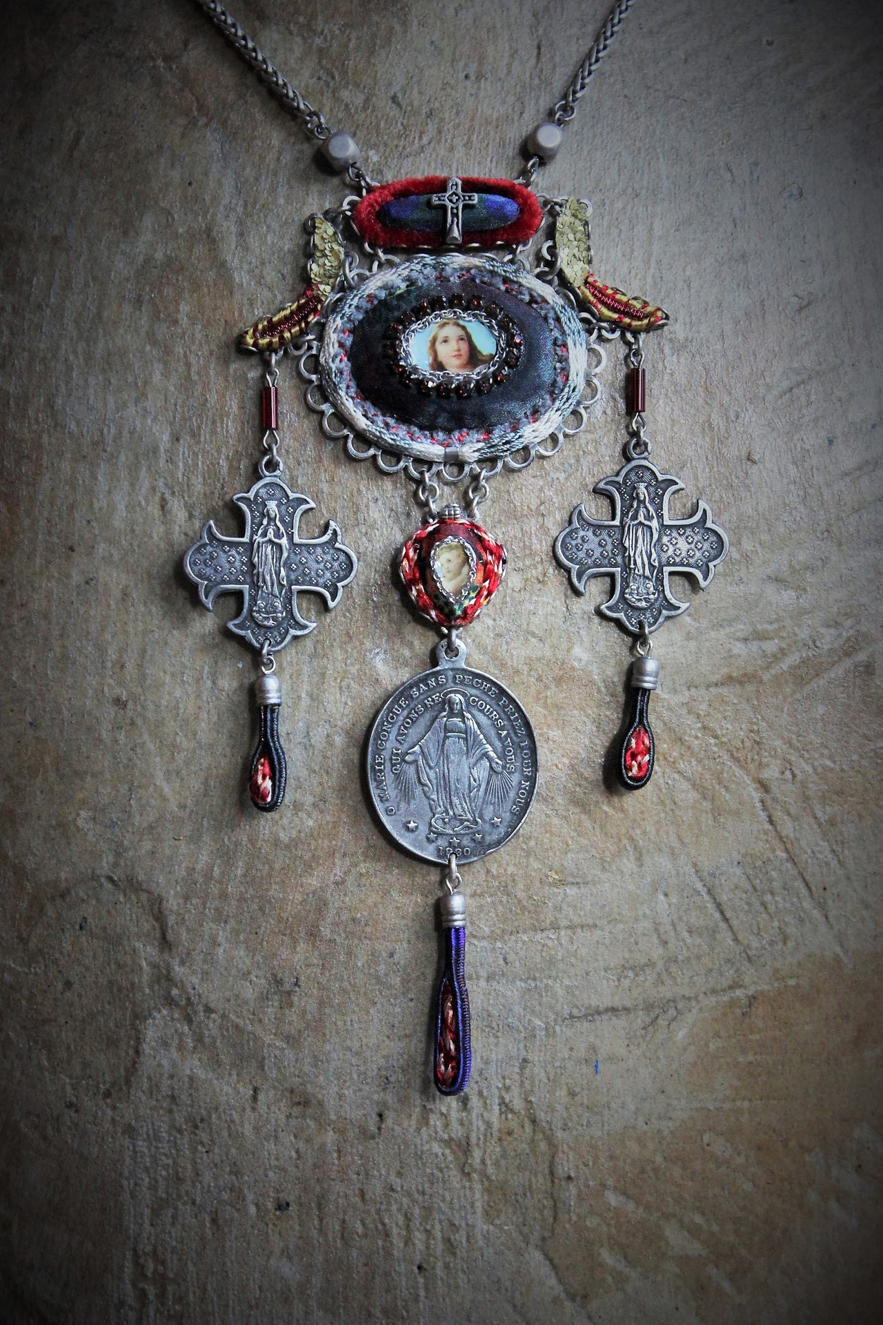 Love is our Mother Necklace w/Unique Vintage Fabric Findings,Crescent Moons,Vintage French Medals,Silver Wheat Chain
