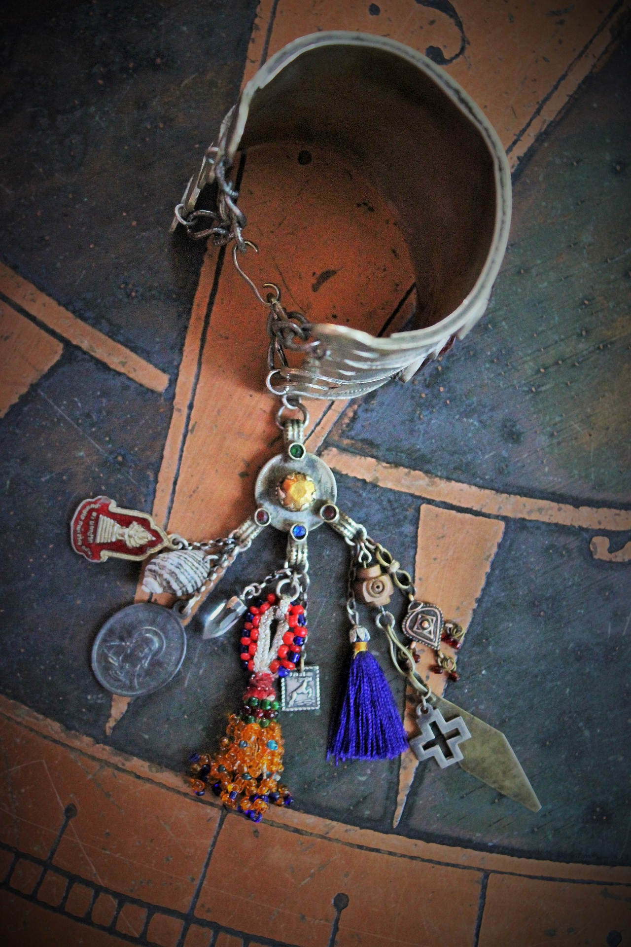 The Presence of God Wide Cuff Bracelet w/Amazing Gypsy Cuff,Antique & Vintage Medals and Drops,Beaded Banjara Tassel,Faceted Quartz Point & More!