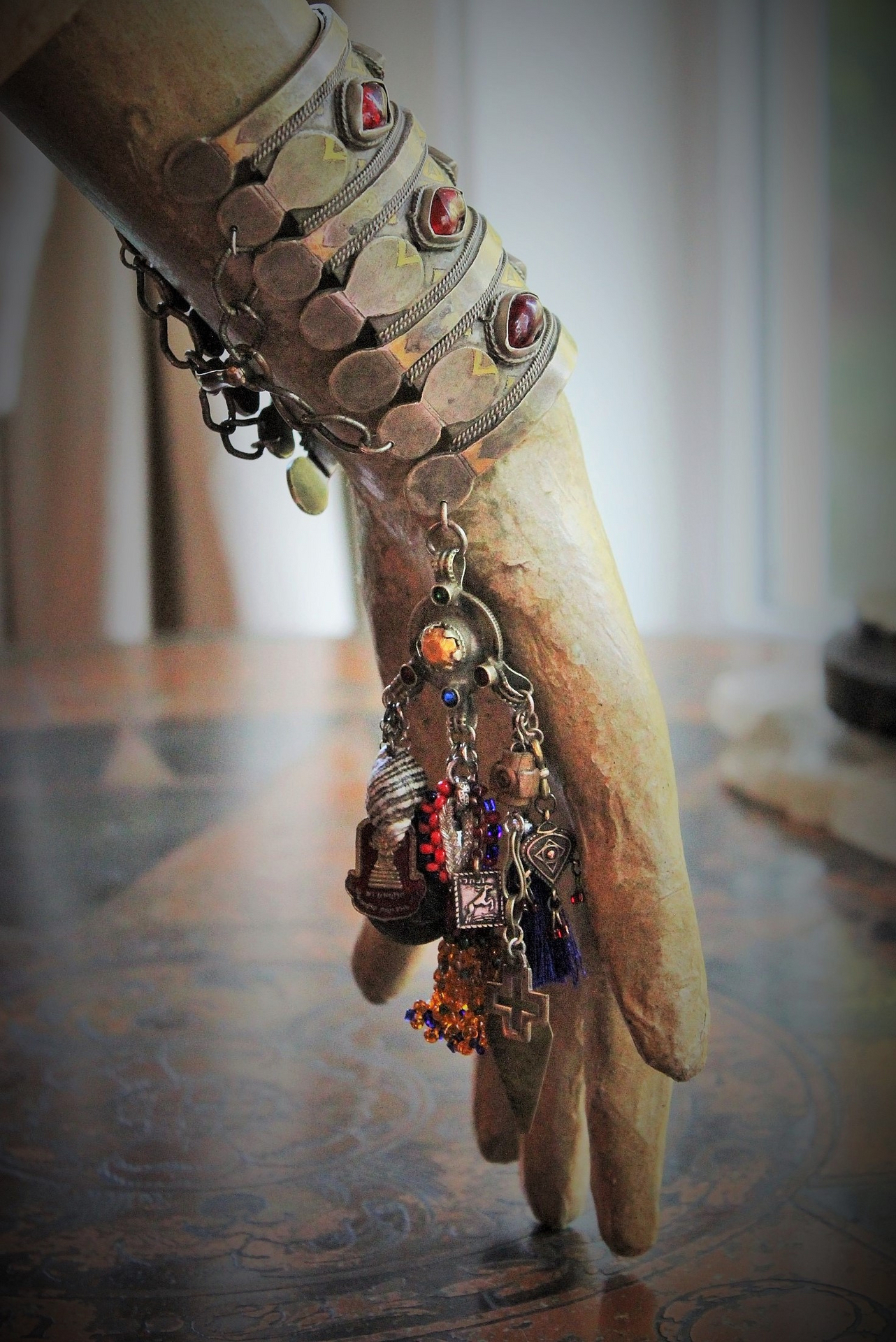 The Presence of God Wide Cuff Bracelet w/Amazing Gypsy Cuff,Antique & Vintage Medals and Drops,Beaded Banjara Tassel,Faceted Quartz Point & More!