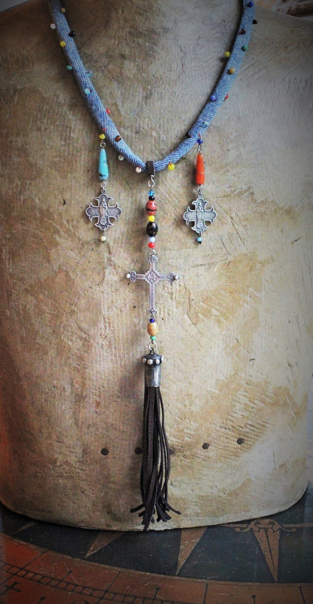 Hand Stitched Vintage Denim Necklace w/French Marian 4 Way Crosses, Antique Mardi Gras Beads, Artisan Leather Tassel, Sterling Clasp