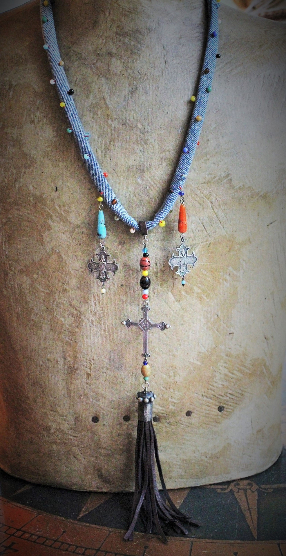 Hand Stitched Vintage Denim Necklace w/French Marian 4 Way Crosses, Antique Mardi Gras Beads, Artisan Leather Tassel, Sterling Clasp
