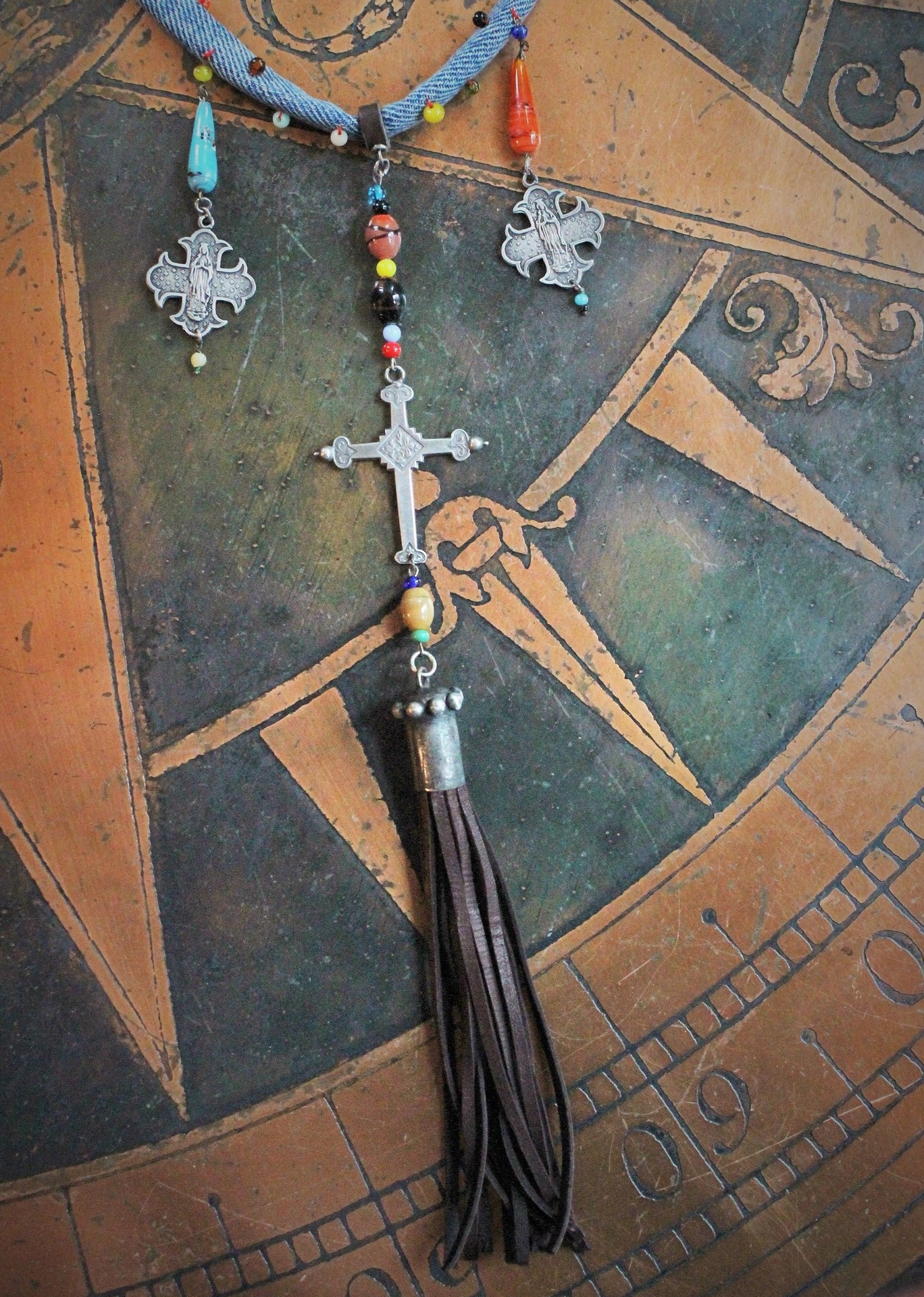 Hand Stitched Vintage Denim Necklace w/French Marian 4 Way Crosses, Antique Mardi Gras Beads, Artisan Leather Tassel, Sterling Clasp