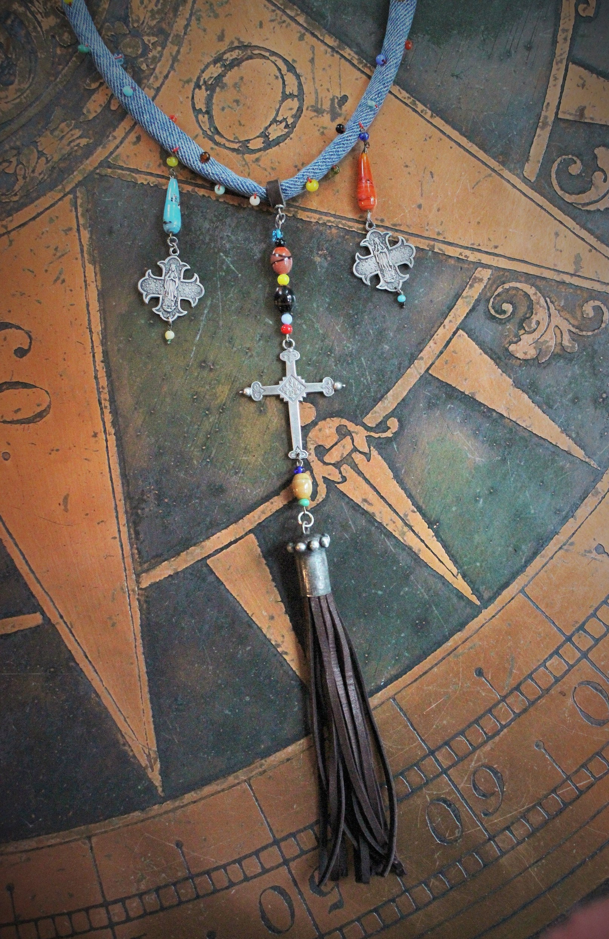 Hand Stitched Vintage Denim Necklace w/French Marian 4 Way Crosses, Antique Mardi Gras Beads, Artisan Leather Tassel, Sterling Clasp