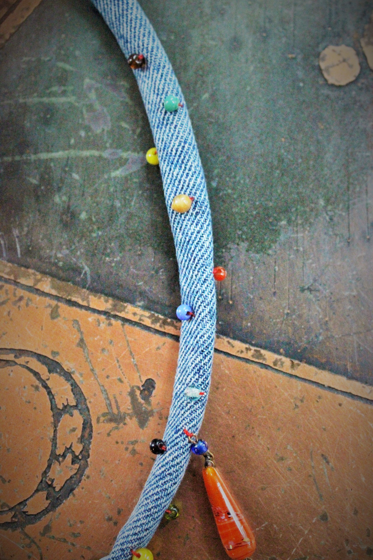 Hand Stitched Vintage Denim Necklace w/French Marian 4 Way Crosses, Antique Mardi Gras Beads, Artisan Leather Tassel, Sterling Clasp