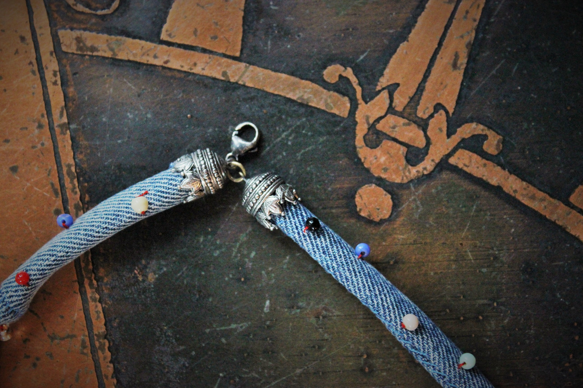 Hand Stitched Vintage Denim Necklace w/French Marian 4 Way Crosses, Antique Mardi Gras Beads, Artisan Leather Tassel, Sterling Clasp