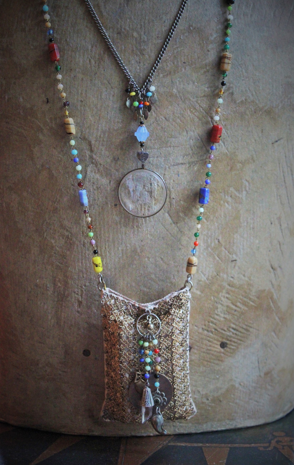 SOLD to J Clarity Necklace Set w/Vintage Travelling Rider Waite Tarot Deck,Antique Mardi Gras Beads,Antique Pouch,Antique Focusing Beveled Lens,Antique Paisley Drop,"Love Heals" Finding & More!