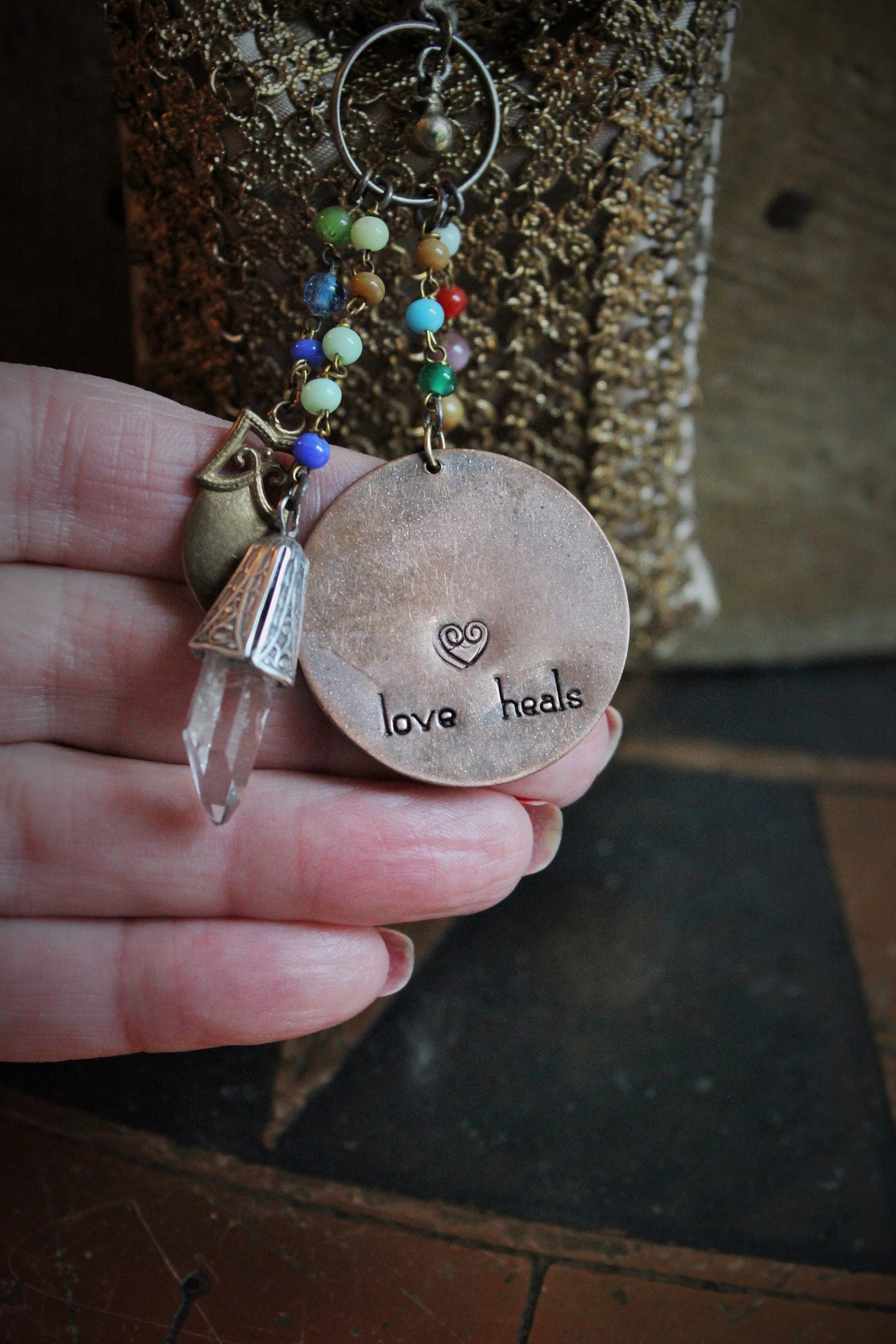 SOLD to J Clarity Necklace Set w/Vintage Travelling Rider Waite Tarot Deck,Antique Mardi Gras Beads,Antique Pouch,Antique Focusing Beveled Lens,Antique Paisley Drop,"Love Heals" Finding & More!