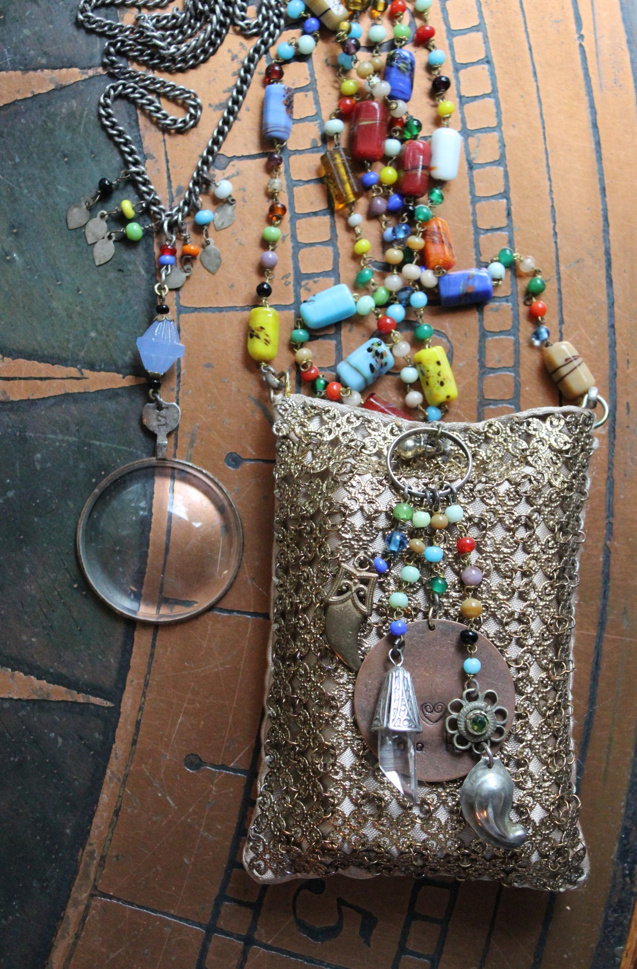 SOLD to J Clarity Necklace Set w/Vintage Travelling Rider Waite Tarot Deck,Antique Mardi Gras Beads,Antique Pouch,Antique Focusing Beveled Lens,Antique Paisley Drop,"Love Heals" Finding & More!