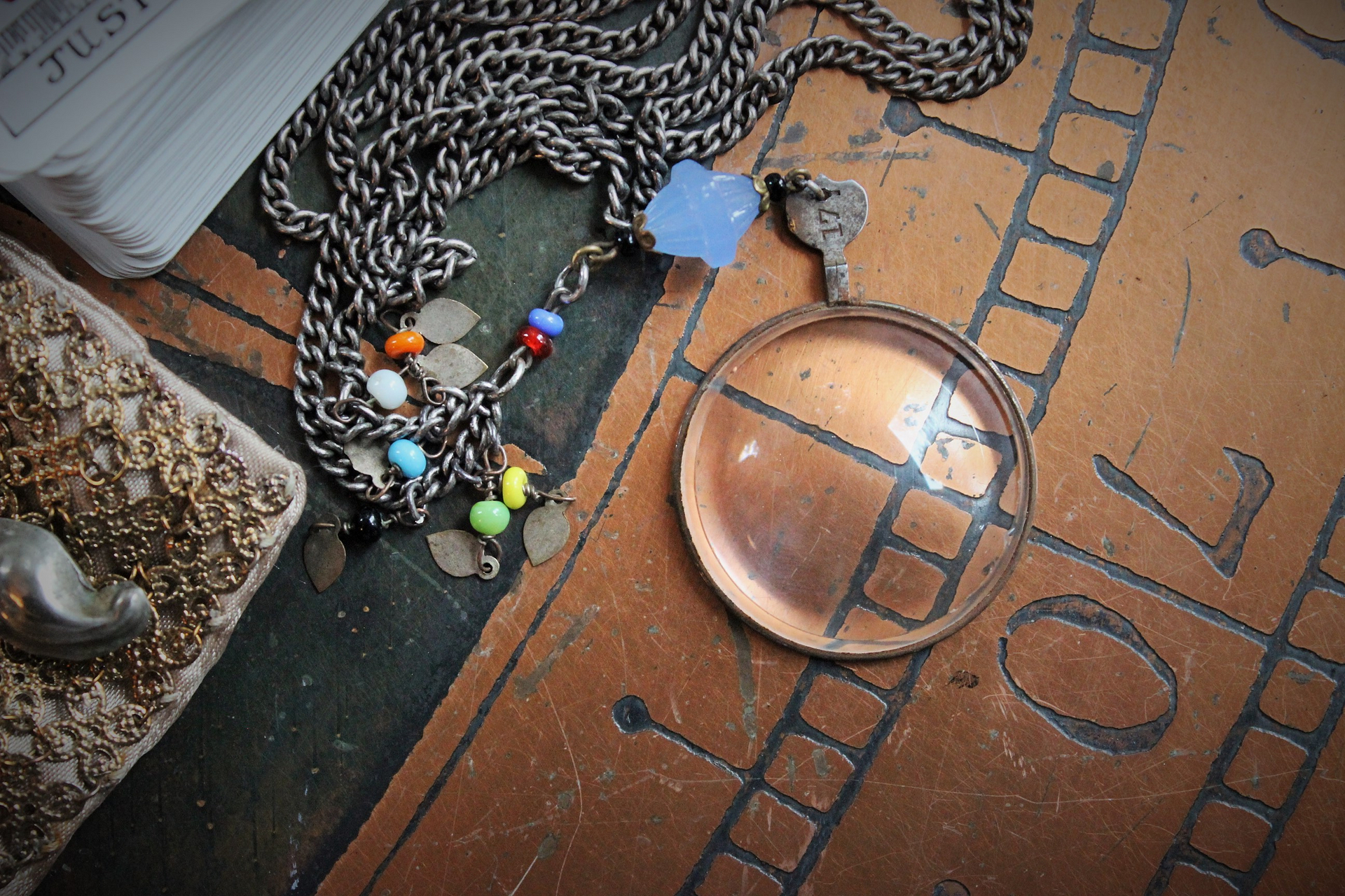 SOLD to J Clarity Necklace Set w/Vintage Travelling Rider Waite Tarot Deck,Antique Mardi Gras Beads,Antique Pouch,Antique Focusing Beveled Lens,Antique Paisley Drop,"Love Heals" Finding & More!