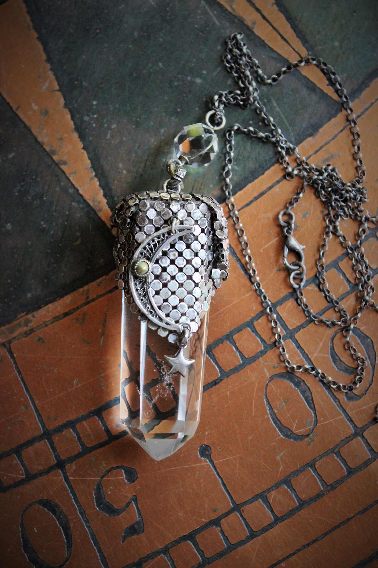 I am all Love Necklace Water Clear Quartz Crystal Point,Antique Sterling Mesh,Antique Sterling Crescent Moon, Rare Faceted Rock Crystal Connector & Antique Sterling Puffy Star