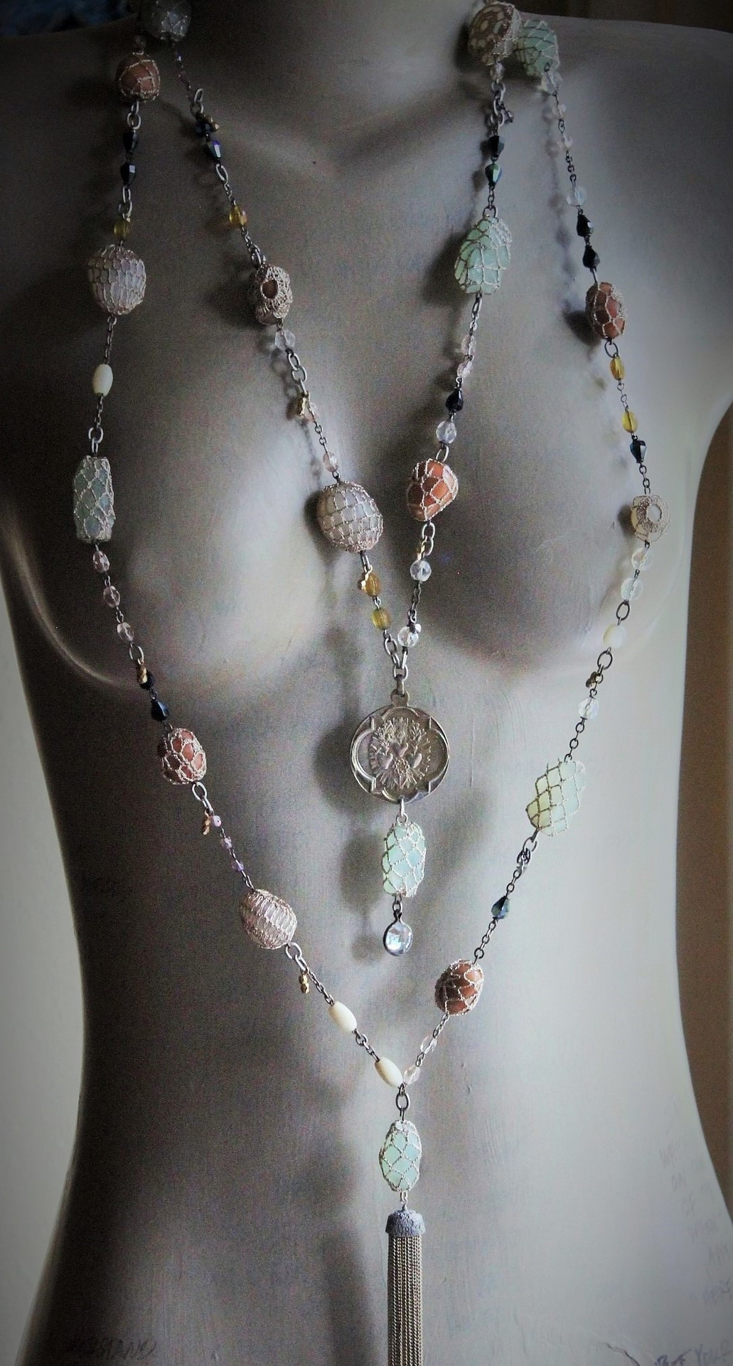 Bohemian Necklace Set w/Antique Metallic Thread Crocheted Stones,Antique Flaming Sacred Heart Medal,Antique French Rosary Chains,Drops+