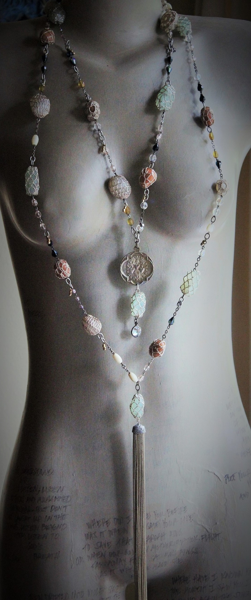 Bohemian Necklace Set w/Antique Metallic Thread Crocheted Stones,Antique Flaming Sacred Heart Medal,Antique French Rosary Chains,Drops+