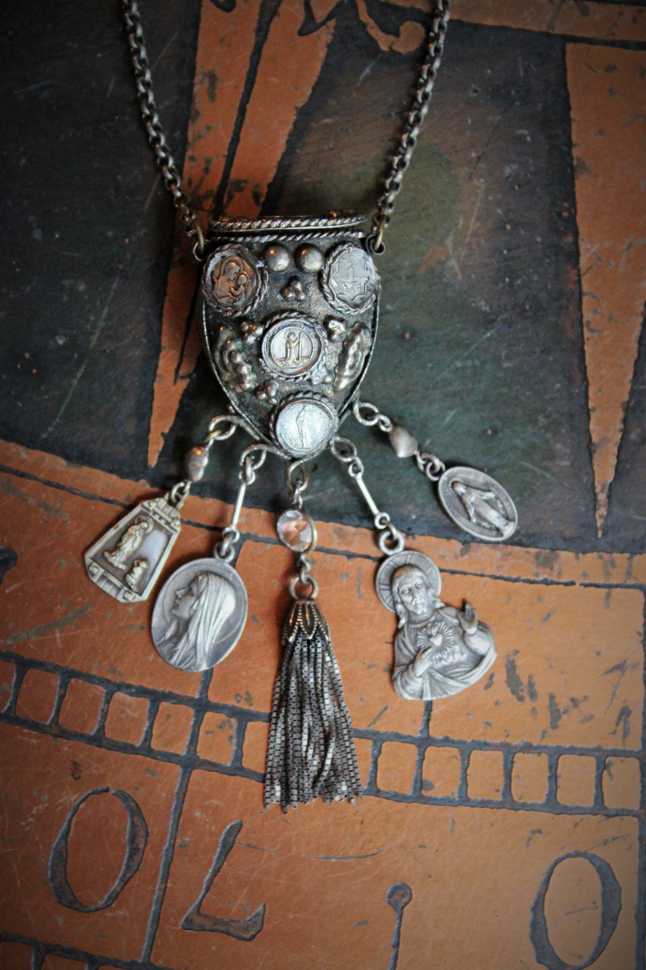 Unique Antique Silver Prayer Box Necklace w/Inset Antique Medals,Hanging Antique French Medals, Sterling Chain Tassel,Sterling Puffy Heart Connectors,Antique Bezel Set Crystal
