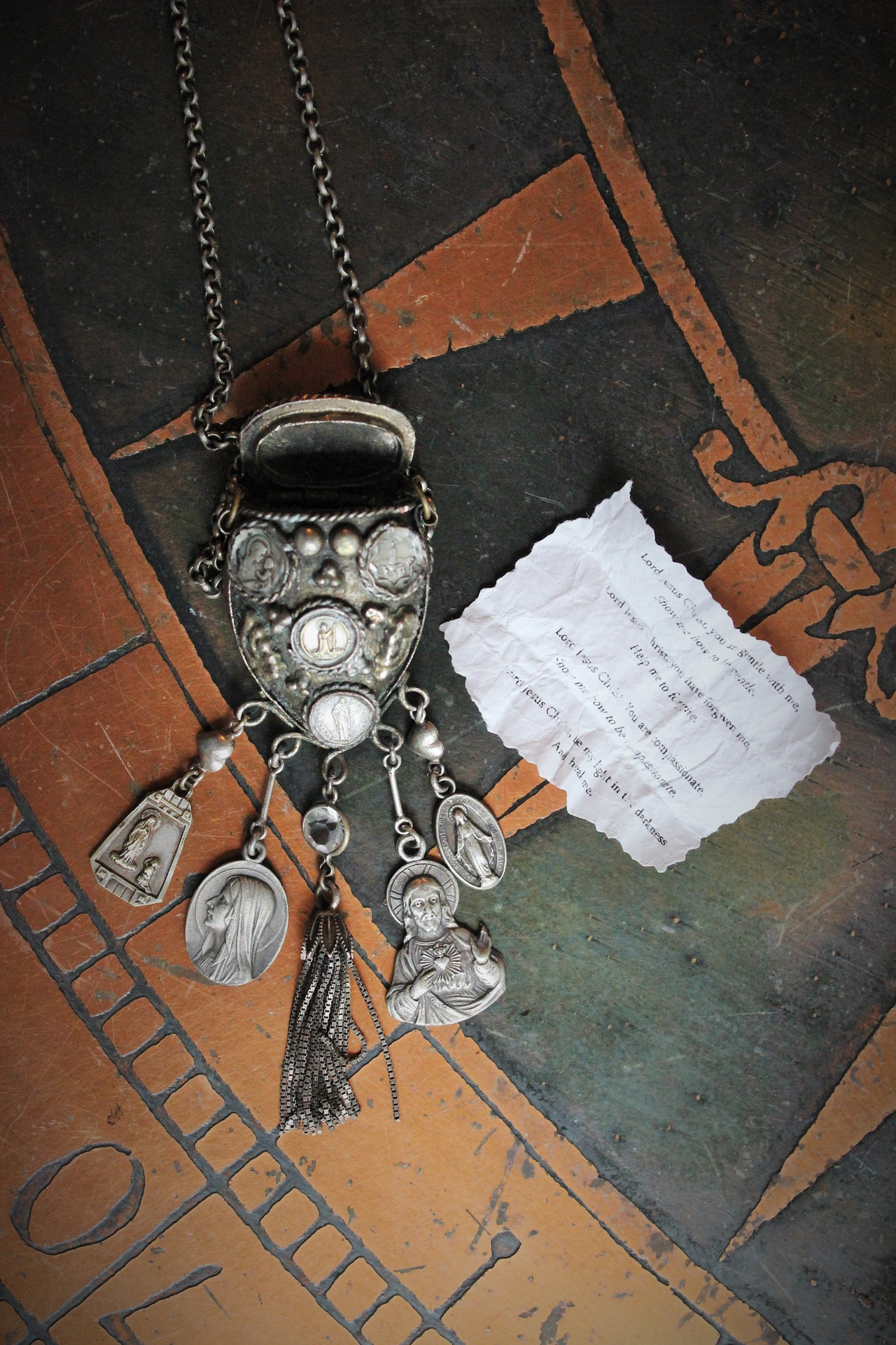 Unique Antique Silver Prayer Box Necklace w/Inset Antique Medals,Hanging Antique French Medals, Sterling Chain Tassel,Sterling Puffy Heart Connectors,Antique Bezel Set Crystal