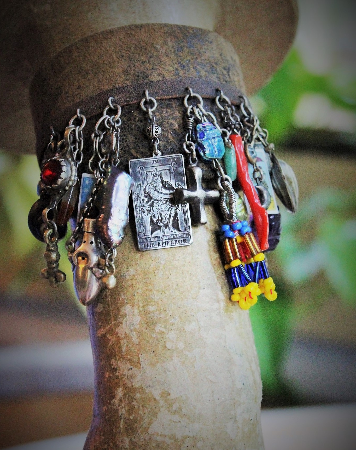 Distressed Leather Gypsy Charm Cuff Bracelet w/Sterling Tarot Medal,Mini Sterling Perfume/Oil Vessel,Antique Sterling Puffy Star & Crescent Moon Drops,Multiple