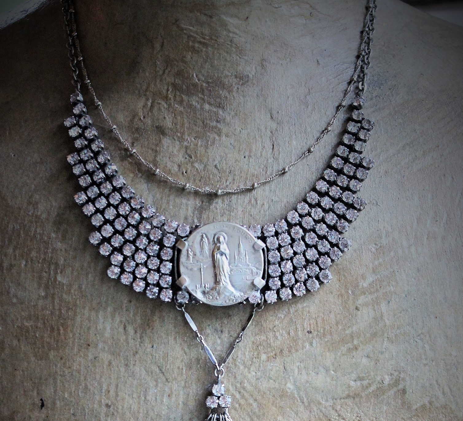 Antique European Faceted Winged Rhinestone Necklace Set w/Antique French Benitier Marian Finding,Vintage Sterling Link and Tiny Ball Chain,Chain Tassel