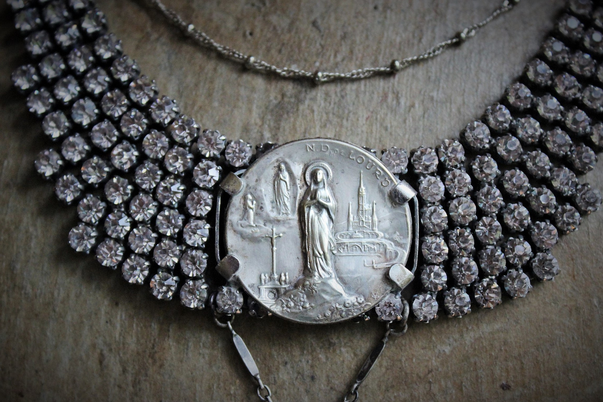 Antique European Faceted Winged Rhinestone Necklace Set w/Antique French Benitier Marian Finding,Vintage Sterling Link and Tiny Ball Chain,Chain Tassel