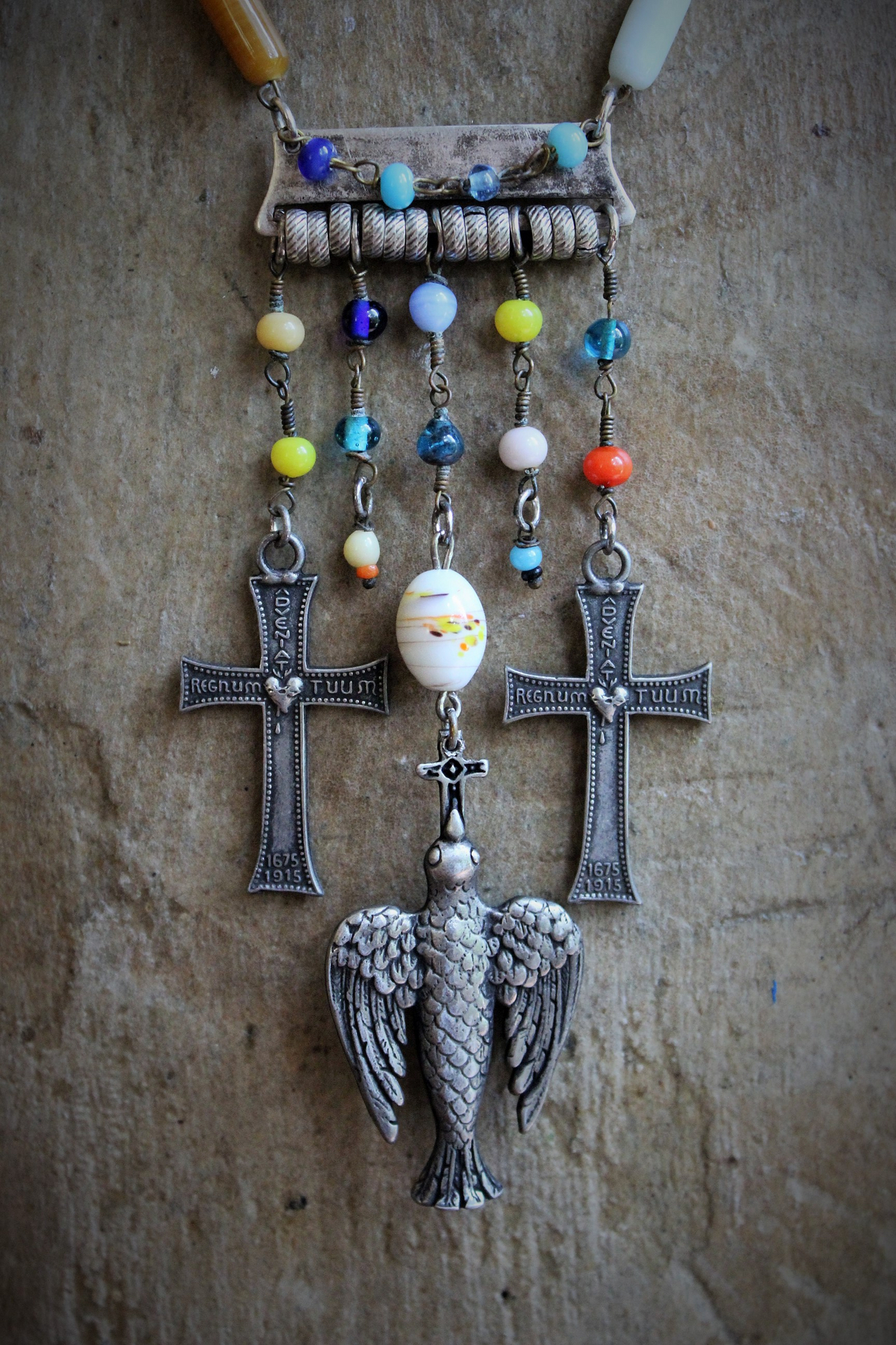 Peace Dove Necklace w/Antique Art Deco Mardi Gras Glass Bead Chain & Dangles,French Dove of Peace Pendant, French "Adveniat Regnum Tuum" (Thy Kingdom Come) Crosses