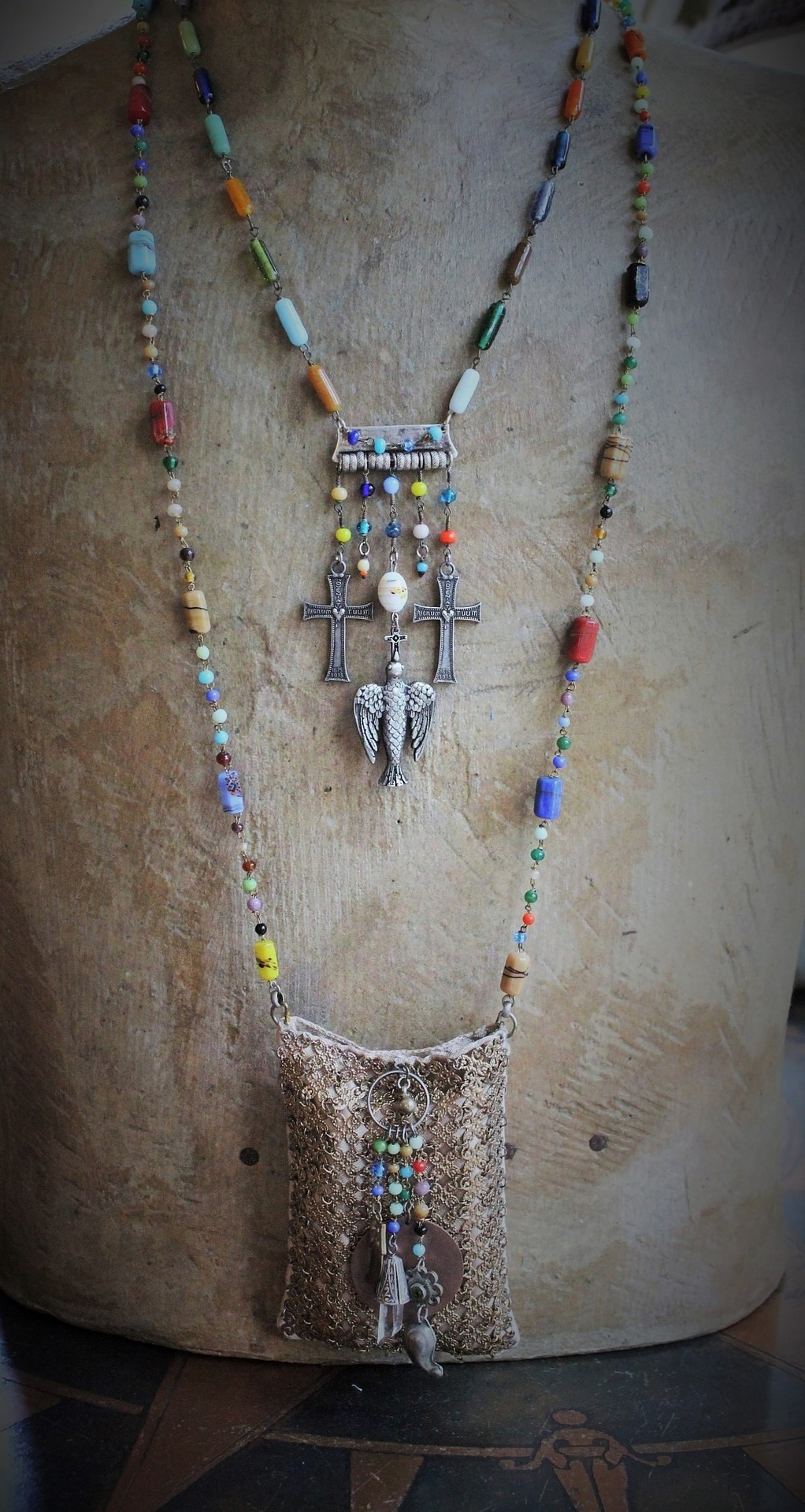 Peace Dove Necklace w/Antique Art Deco Mardi Gras Glass Bead Chain & Dangles,French Dove of Peace Pendant, French "Adveniat Regnum Tuum" (Thy Kingdom Come) Crosses