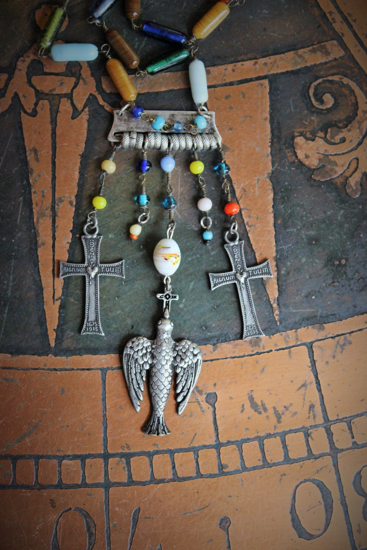 Peace Dove Necklace w/Antique Art Deco Mardi Gras Glass Bead Chain & Dangles,French Dove of Peace Pendant, French "Adveniat Regnum Tuum" (Thy Kingdom Come) Crosses