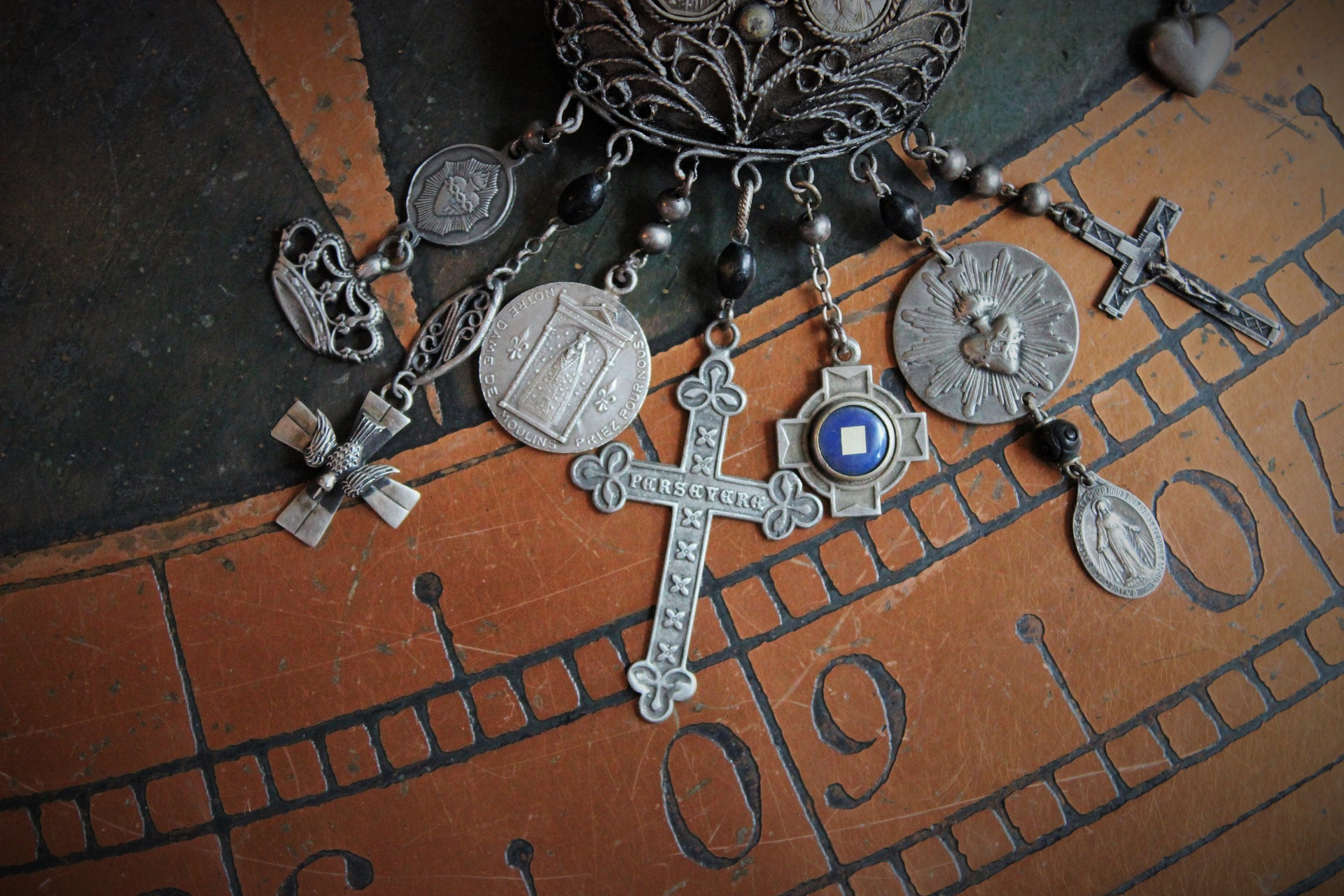 Antique Prayer Box Pendant Necklace w/Inset Antique French Medals,Antique Relic Medal,Antique Sterling Peace Dove & 4 Way Cross,Rare Antique French Sterling Our Lady of Moulins Medal & Much More!
