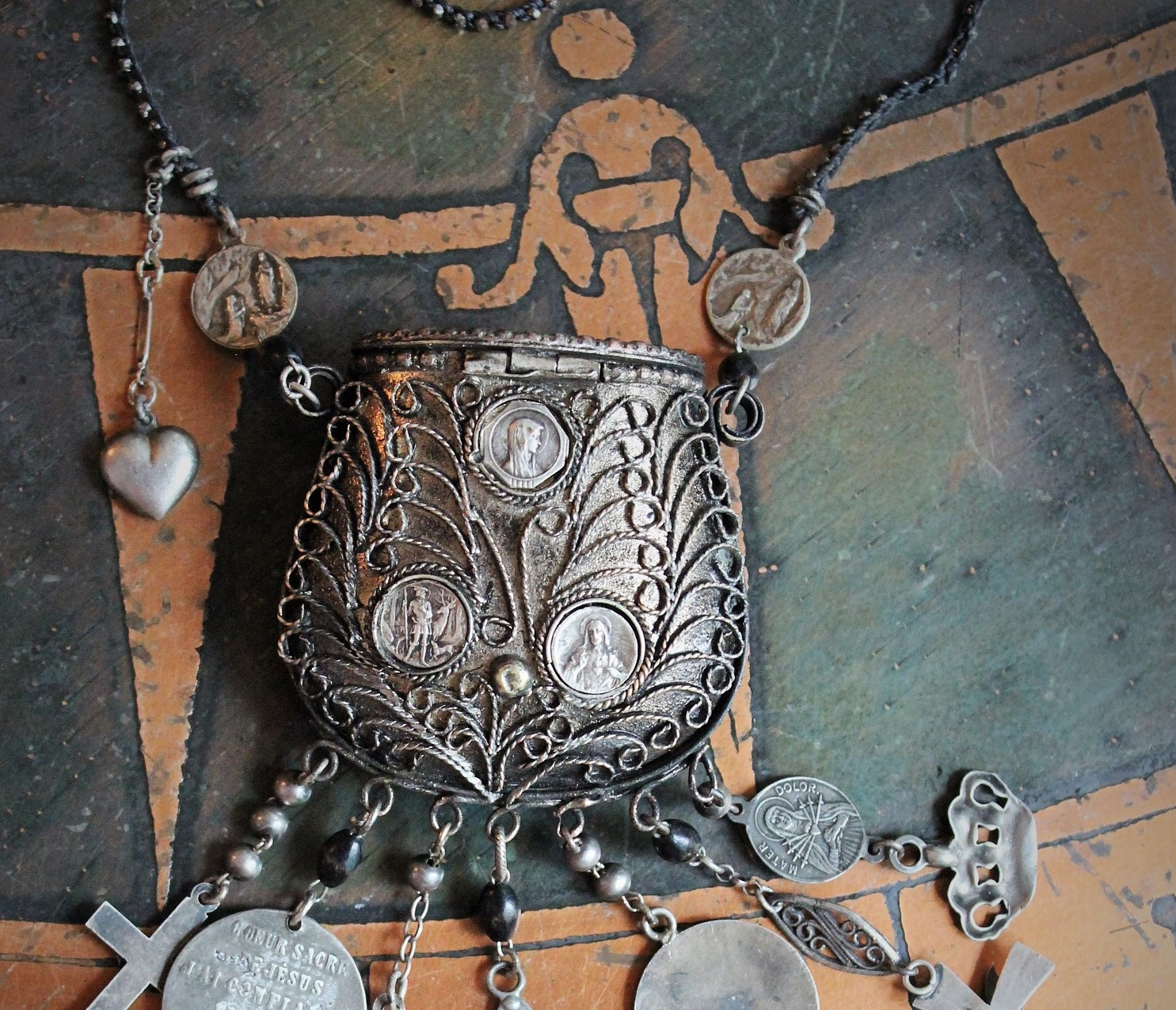 Antique Prayer Box Pendant Necklace w/Inset Antique French Medals,Antique Relic Medal,Antique Sterling Peace Dove & 4 Way Cross,Rare Antique French Sterling Our Lady of Moulins Medal & Much More!