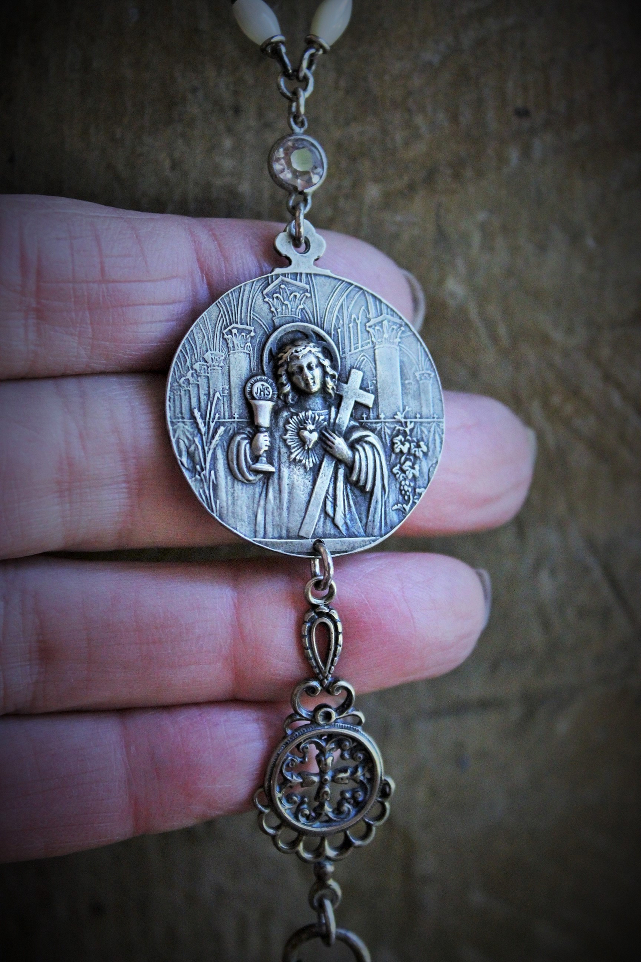 RARE Engraved Antique 1901 French Communion Medal Necklace w/Antique Sterling French Mother of Pearl Rosary Chain,Antique French Mother of Pearl Bead Tassel & Antique Faceted Rock Crystal Drops