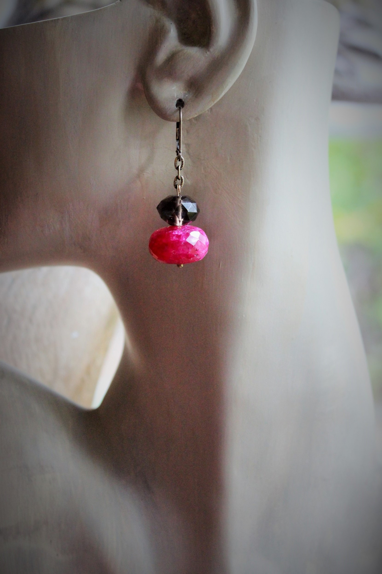 Faceted Natural Ruby & Faceted Smoky Topaz Necklace & Earring Set w/Antique Goldfill Cross, Antique Chain & Chain Tassel