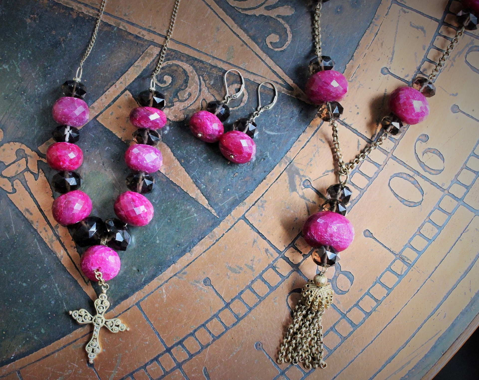 Faceted Natural Ruby & Faceted Smoky Topaz Necklace & Earring Set w/Antique Goldfill Cross, Antique Chain & Chain Tassel