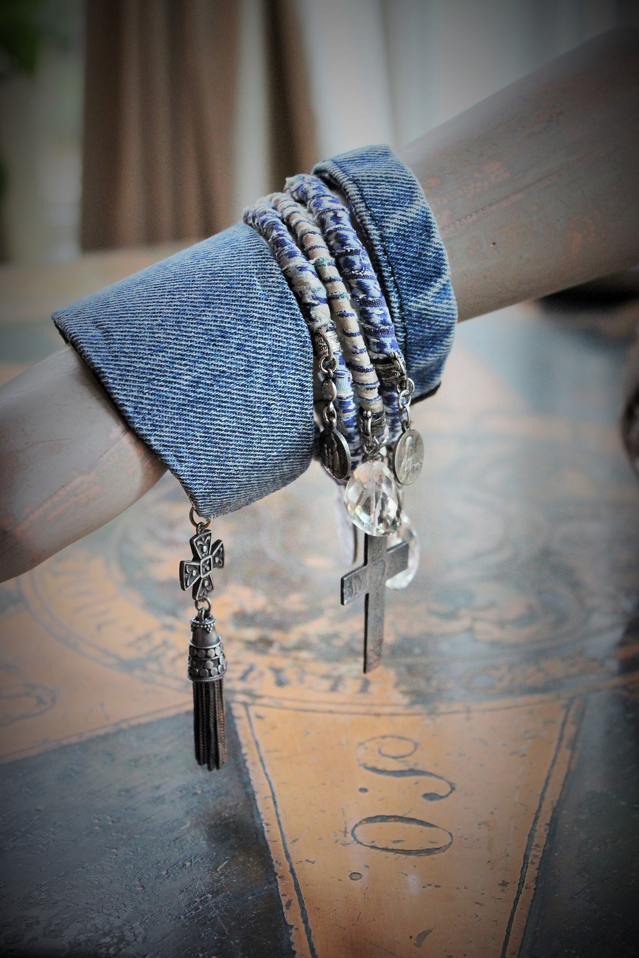 Stacking Distressed Denim, Kantha & Leather 5 Bangle Set w/Engraved French Mater Amabilis Cross,Flaming Sacred Heart Medal,Sterling 4 Way Cross & Tassel + More!