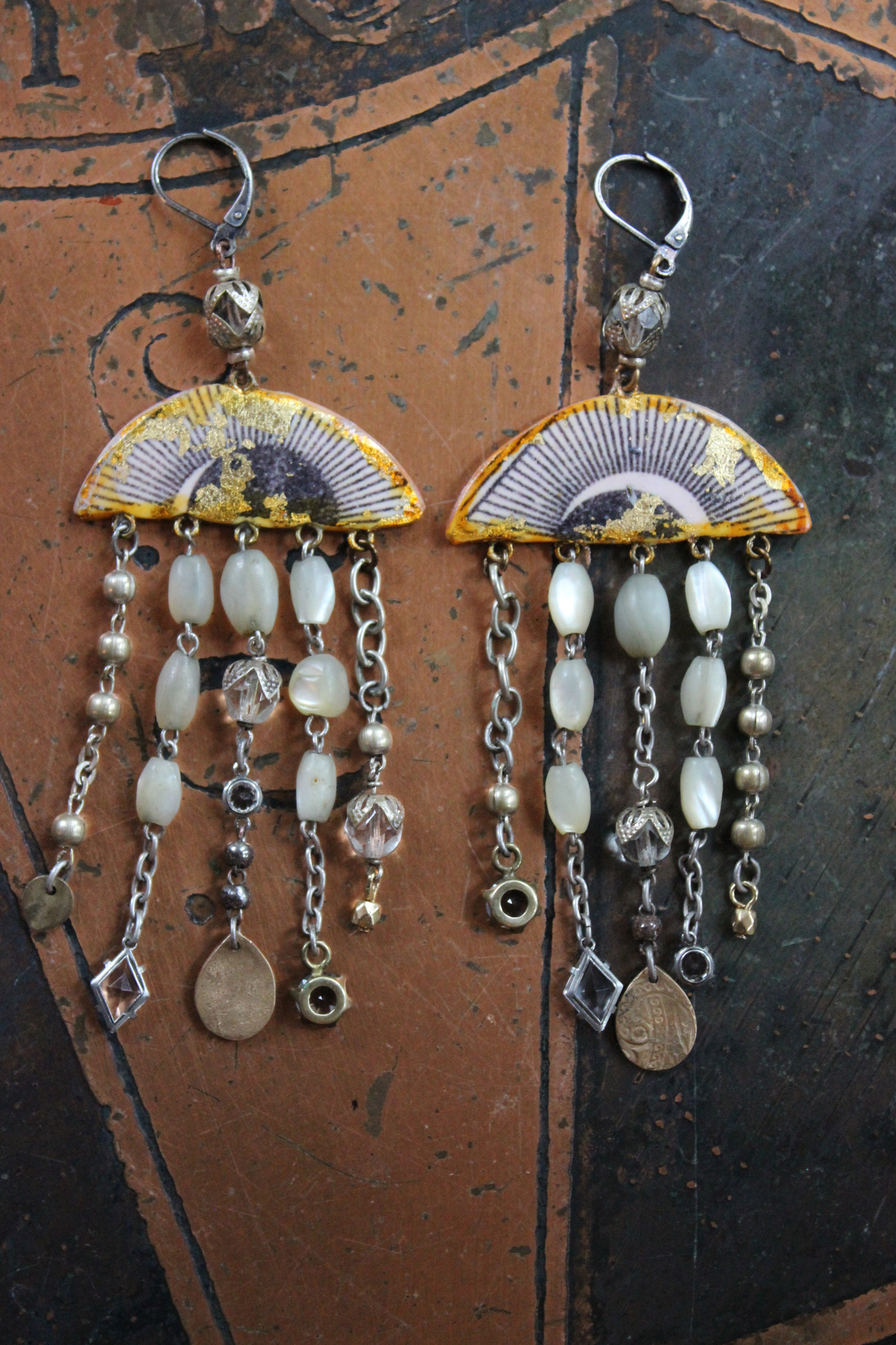 All Seeing Eye Asymmetrical Earrings w/Antique French Mother of Pearl Rosary Bead Fragments, Antique Art Deco Rock Crystal Drops, Bronze Tear Drops & More!