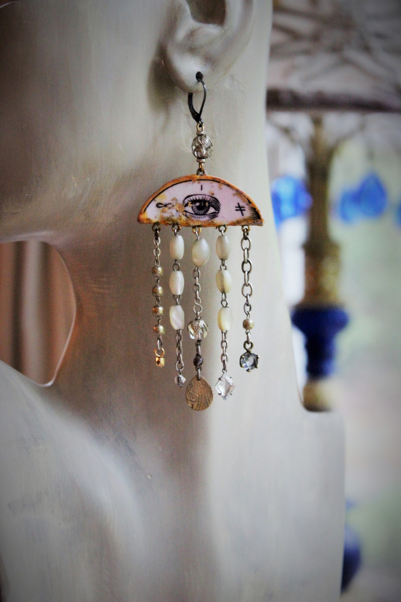 All Seeing Eye Asymmetrical Earrings w/Antique French Mother of Pearl Rosary Bead Fragments, Antique Art Deco Rock Crystal Drops, Bronze Tear Drops & More!
