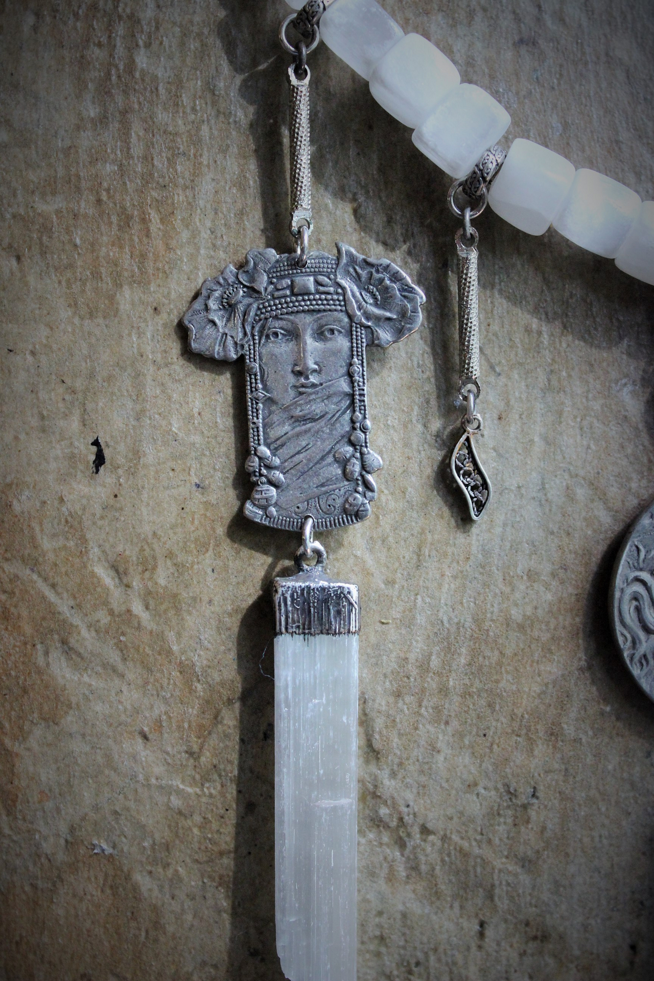 Your Strength Again Moon Goddess Necklace with Hand Cut Selenite Beads, 3 Goddess Medals,Antique Sterling Filigree Drops,3 Capped Selenite Spears