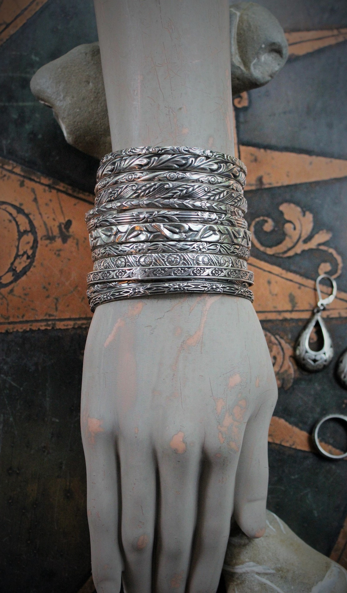 SOLD to D Exceptional Antique Art Deco Jewelry Set of 12 Solid Sterling Bangles Bracelets, Engraved Cuff & Earrings