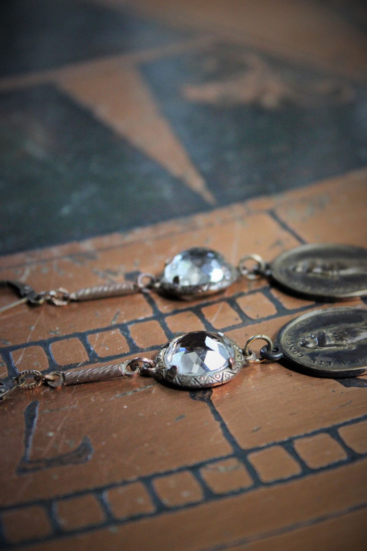 Antique Bezel and Prong Set Bronze Faceted Rock Crystals & French Engraved Nun's Medals Earrings - Free with Purchase of Necklace Set - See Details!