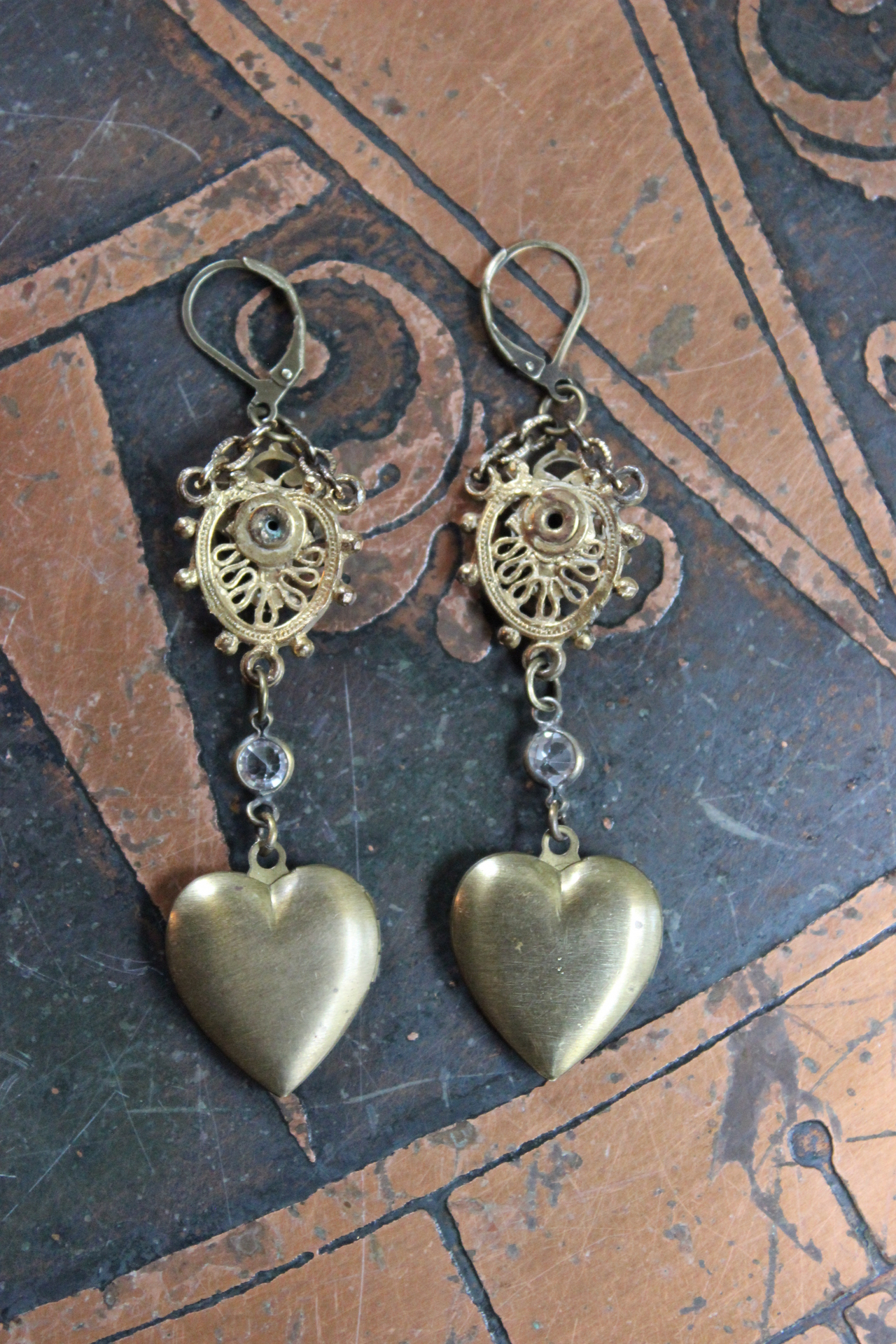 Antique Etruscan Findings & Vintage Heart Lockets Earrings - 50% Off w/purchase of matching necklace!