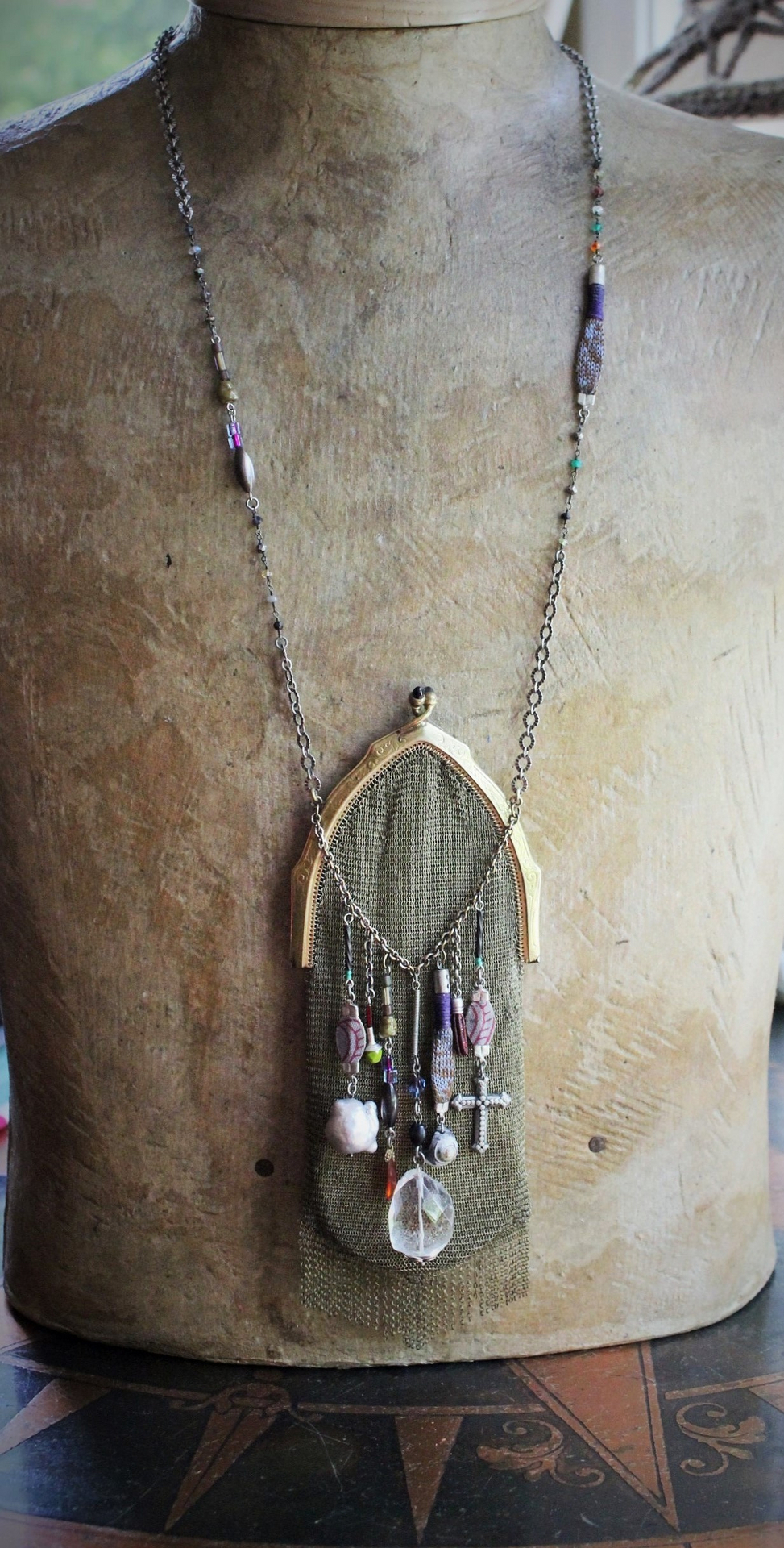 The Bohemian Life Necklace with Antique Whiting & Davis Mesh Pouch, Multiple Dangles & Findings, Antique Fiancee Compact, Faceted Sterling Wire Wrapped Chain Fragments