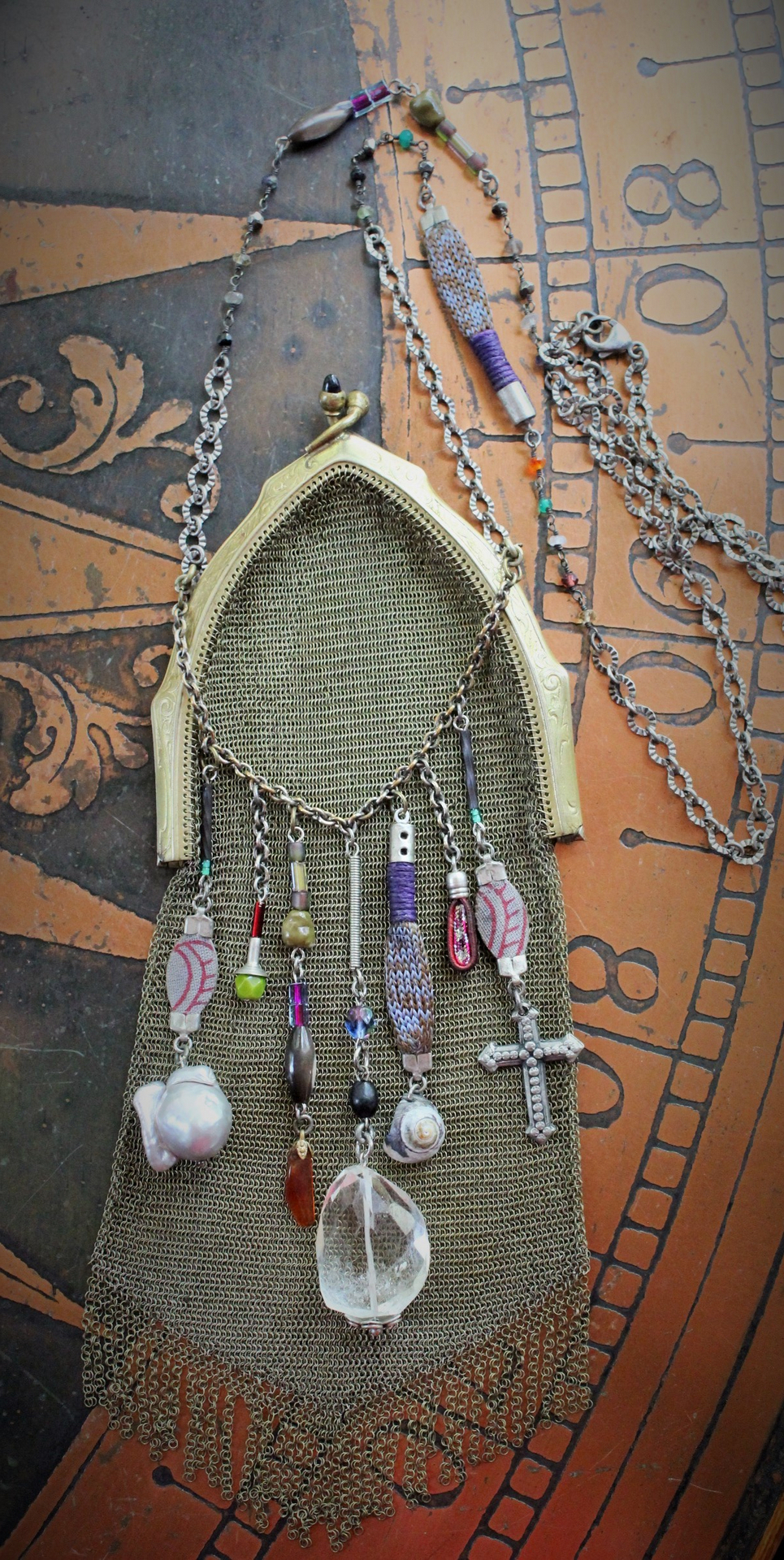 The Bohemian Life Necklace with Antique Whiting & Davis Mesh Pouch, Multiple Dangles & Findings, Antique Fiancee Compact, Faceted Sterling Wire Wrapped Chain Fragments