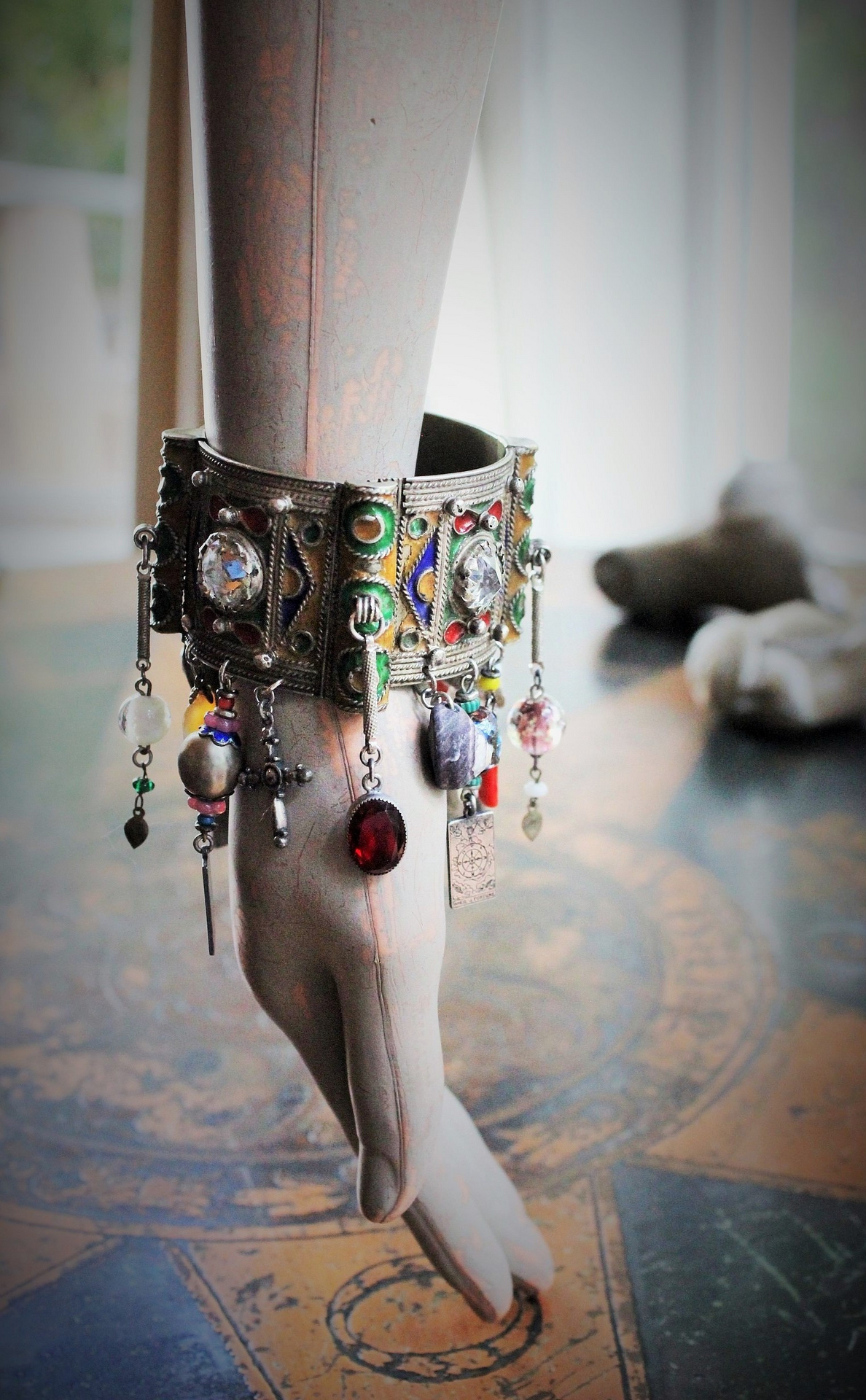 Antique Kuchi Gypsy Cuff Bracelet with 4 Sterling Tarot Medals, Antique Art Glass Bead &  Findings, Multiple Drops & Dangles