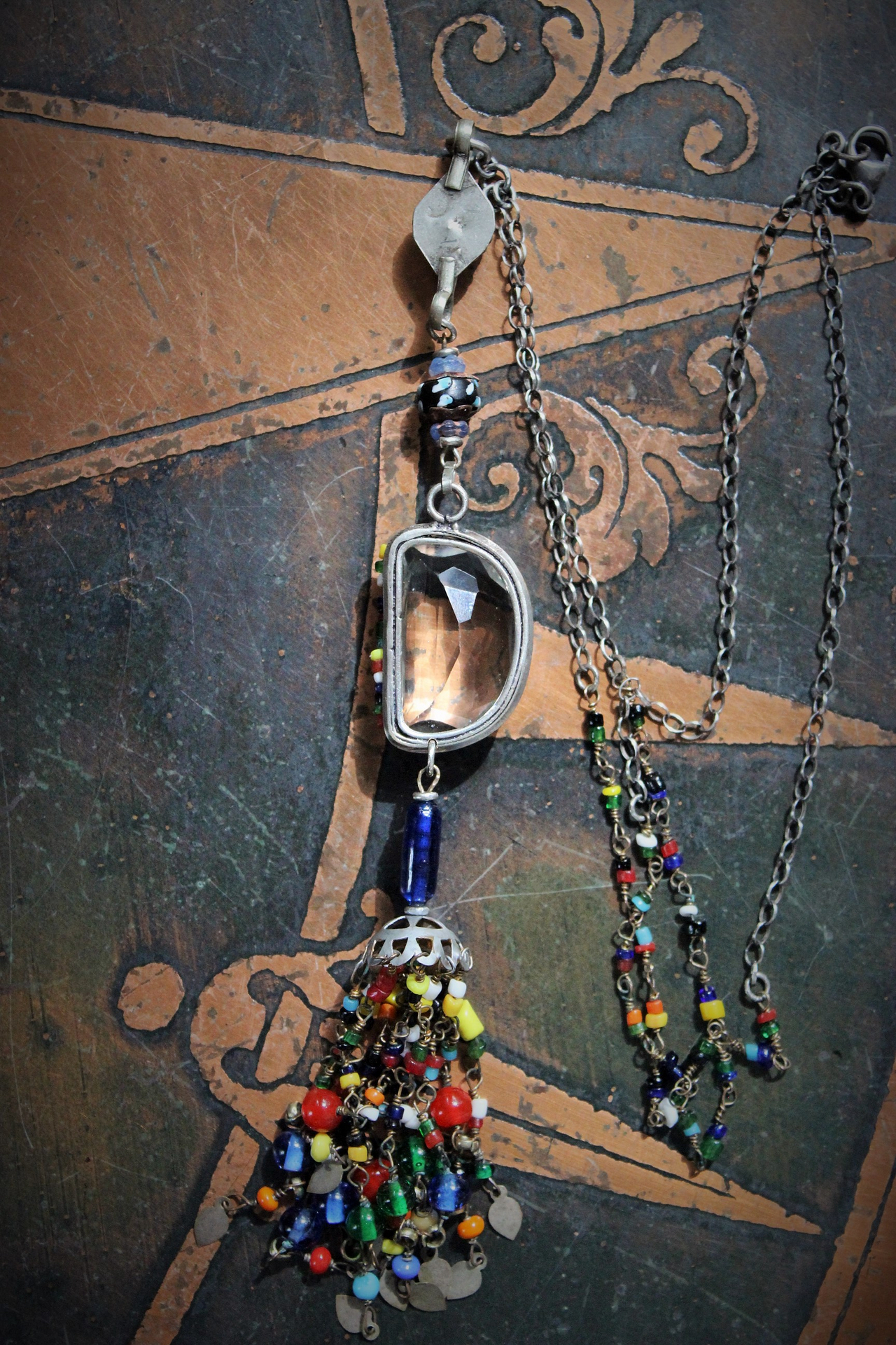 In Your Light Necklace with Faceted Rock Crystal Pendant,Antique Glass Bead Findings & Tassel,Antique Kuchi Faceted Crystal Connector,Sterling Link Chain