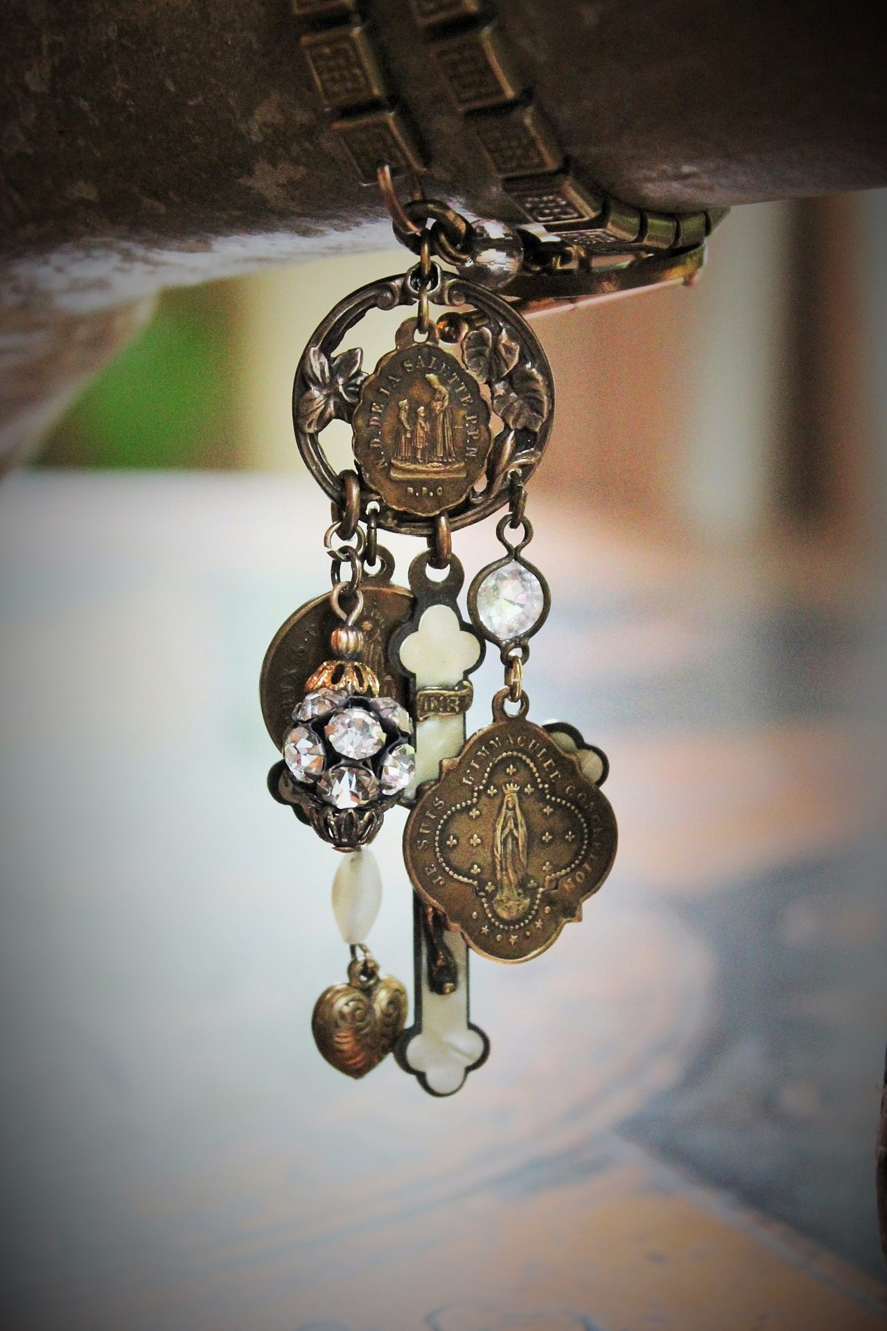 Antique Book Chain Wrap Bracelet with Antique French Medals,Antique French Rosary Crucifix,Antique Crystals & Vintage Puffy Heart