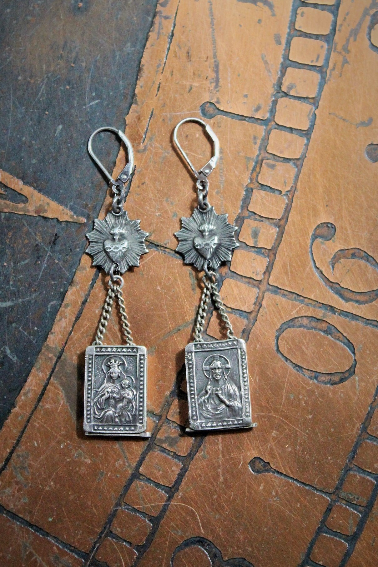 Rare Antique Sterling Scapular Medal Earrings w/Antique Sacred Heart Medals, Sterling Leverback Earring Wires