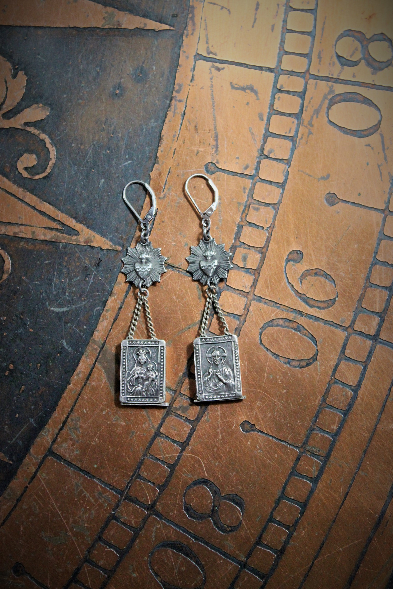 Rare Antique Sterling Scapular Medal Earrings w/Antique Sacred Heart Medals, Sterling Leverback Earring Wires