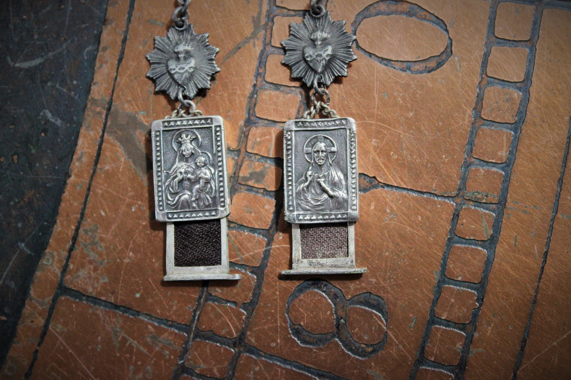 Rare Antique Sterling Scapular Medal Earrings w/Antique Sacred Heart Medals, Sterling Leverback Earring Wires