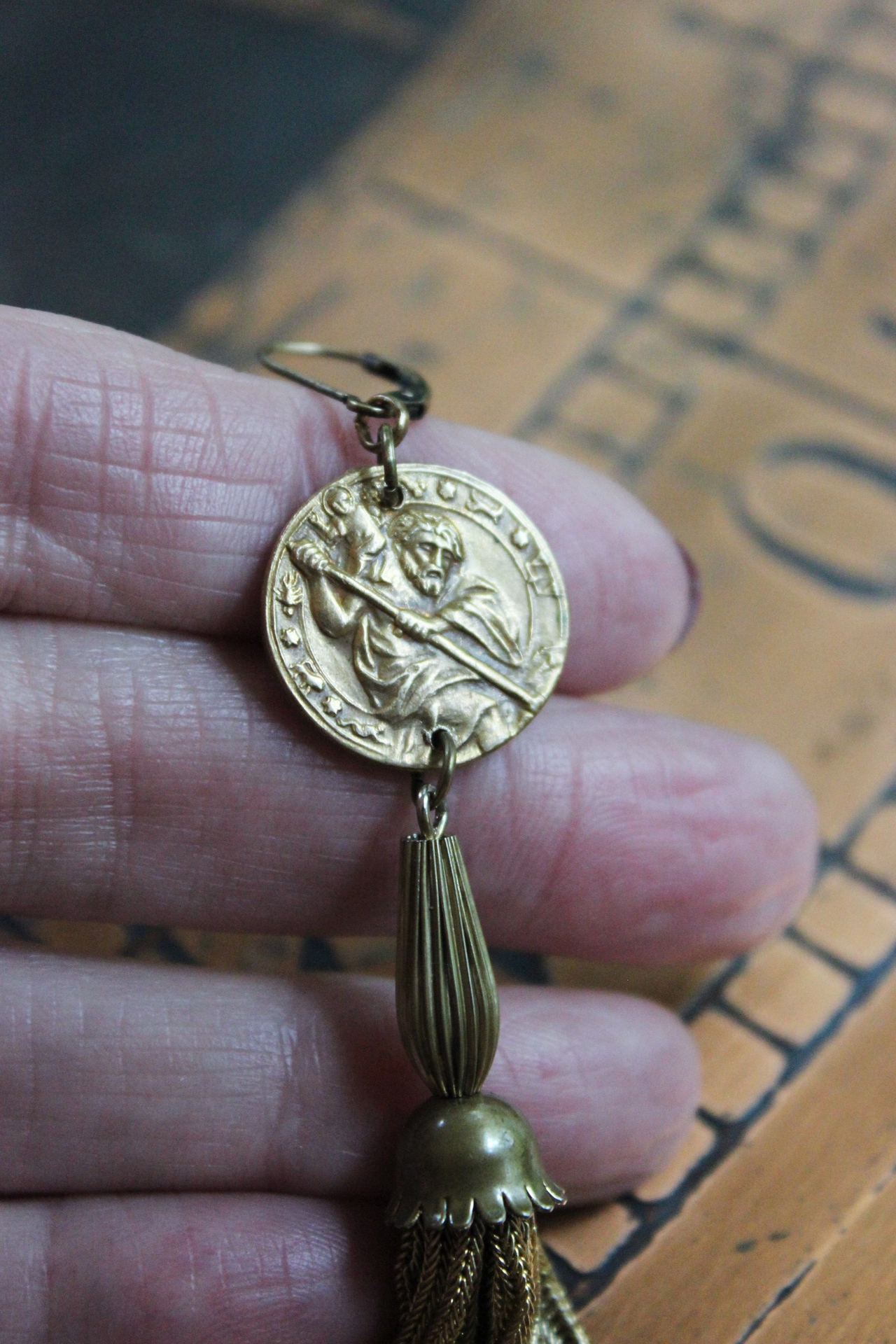 Rare Matching Antique Astrological Saint Christopher Earrings with Antique Foxtail Chain Tassels & Gold Filled Leverback Earring Wires