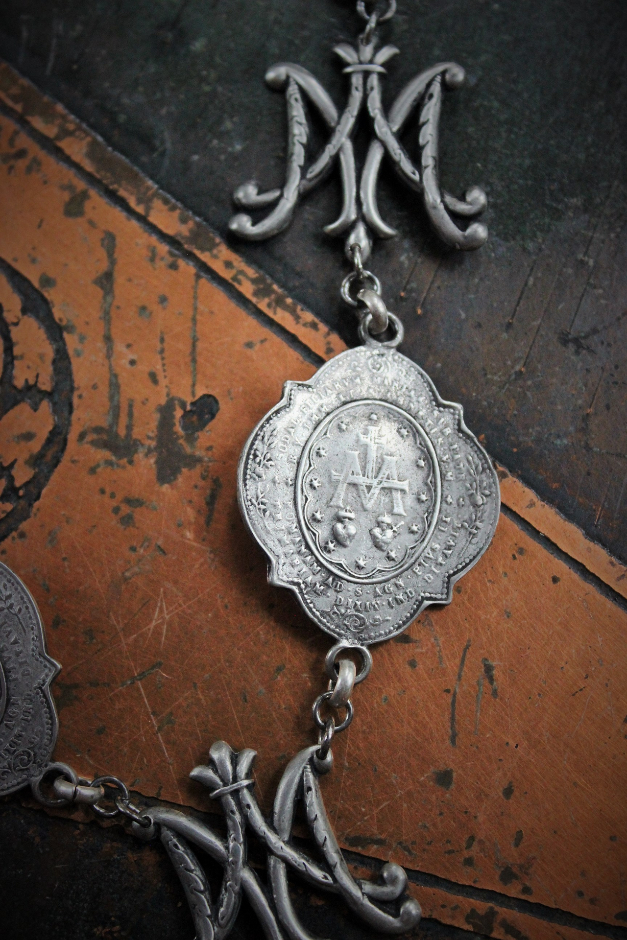 One Heart One Soul Necklace with RARE Engraved French Sterling Cross, Scrolled Initial AM Medals, Double Sacred Heart Marian Medals