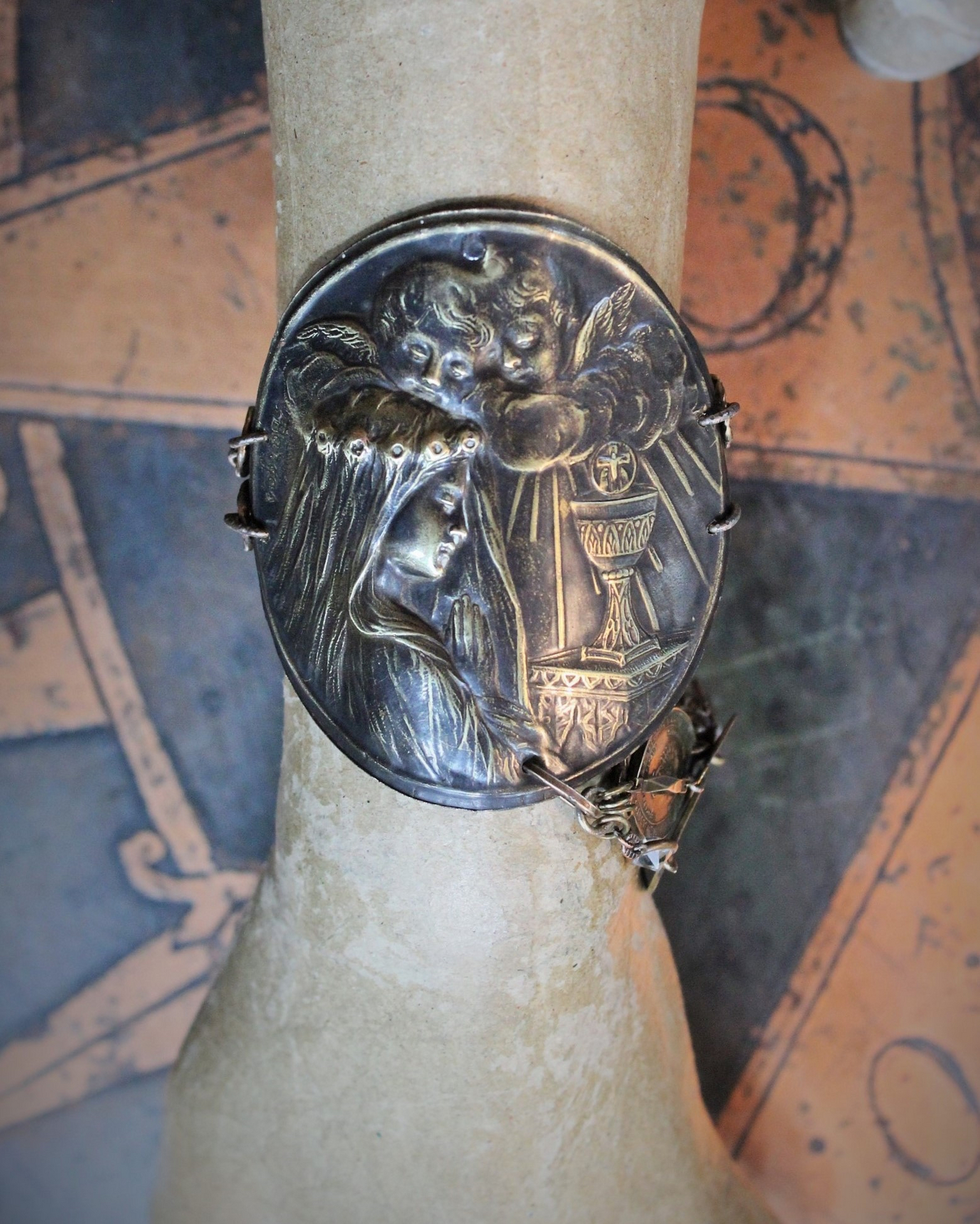 NEW! The Chalice of My Heart Bracelet with Antique French Benetier Finding, Antique French Medals,Bronze Link Chain & Toggle Clasp