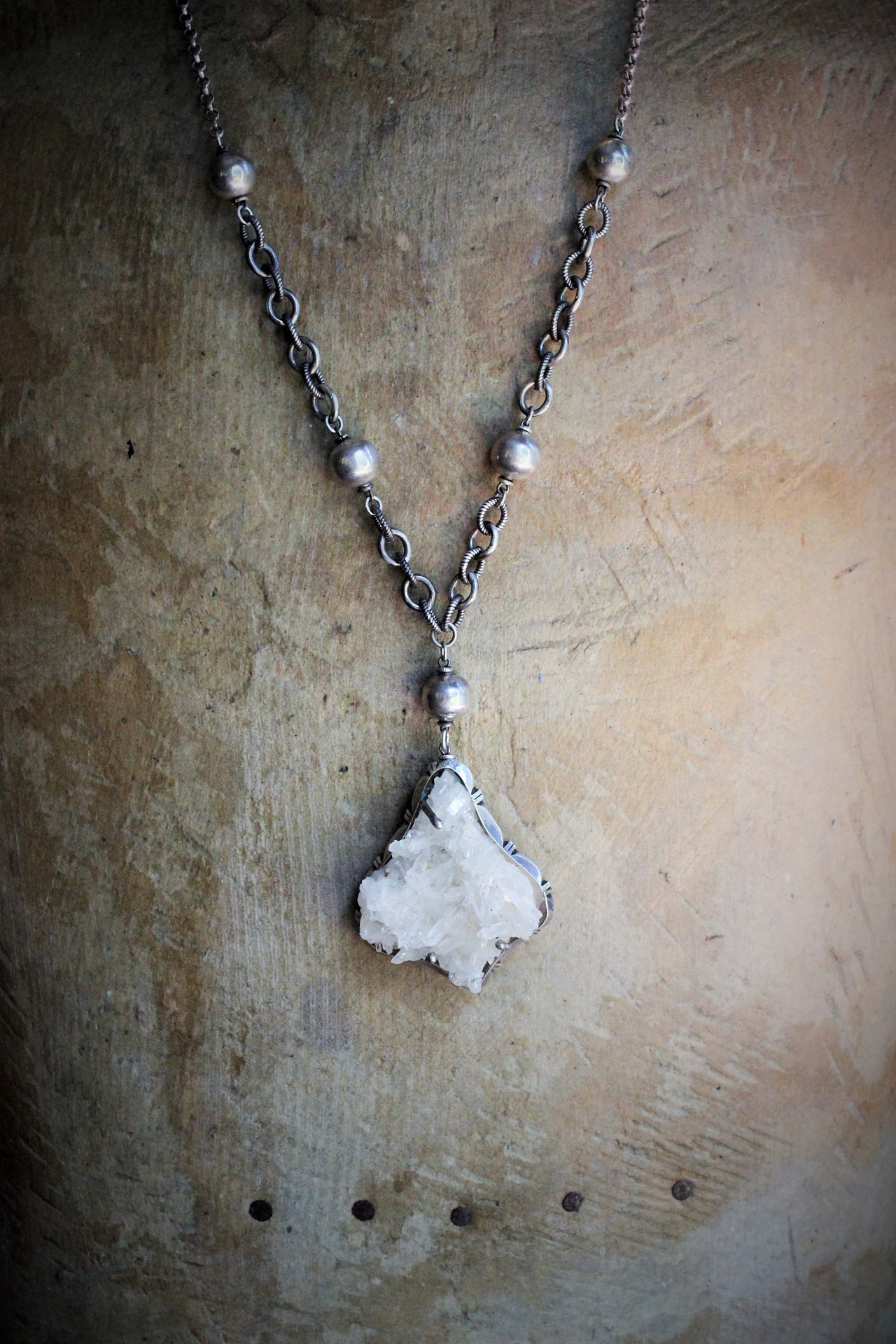 Vintage Taos Artisan Sterling Quartz Cluster Pendant Necklace with Sterling Beads, Chain & Clasp