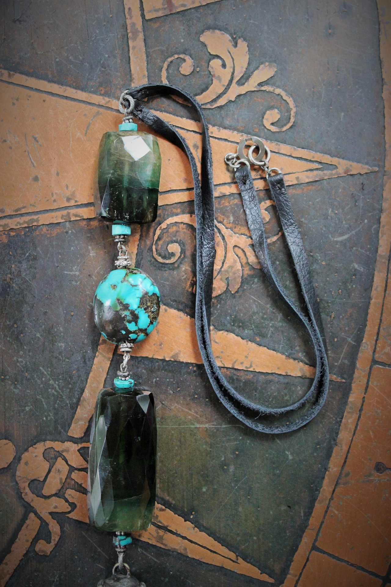 SOLD to J Joy & Happiness Necklace with Incredible Checkerboard Faceted Blue Green Tourmaline Gemstones,Polished Turquoise,Leather Tassel & Chain
