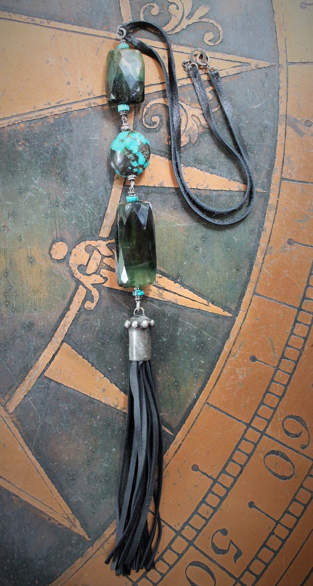 SOLD to J Joy & Happiness Necklace with Incredible Checkerboard Faceted Blue Green Tourmaline Gemstones,Polished Turquoise,Leather Tassel & Chain